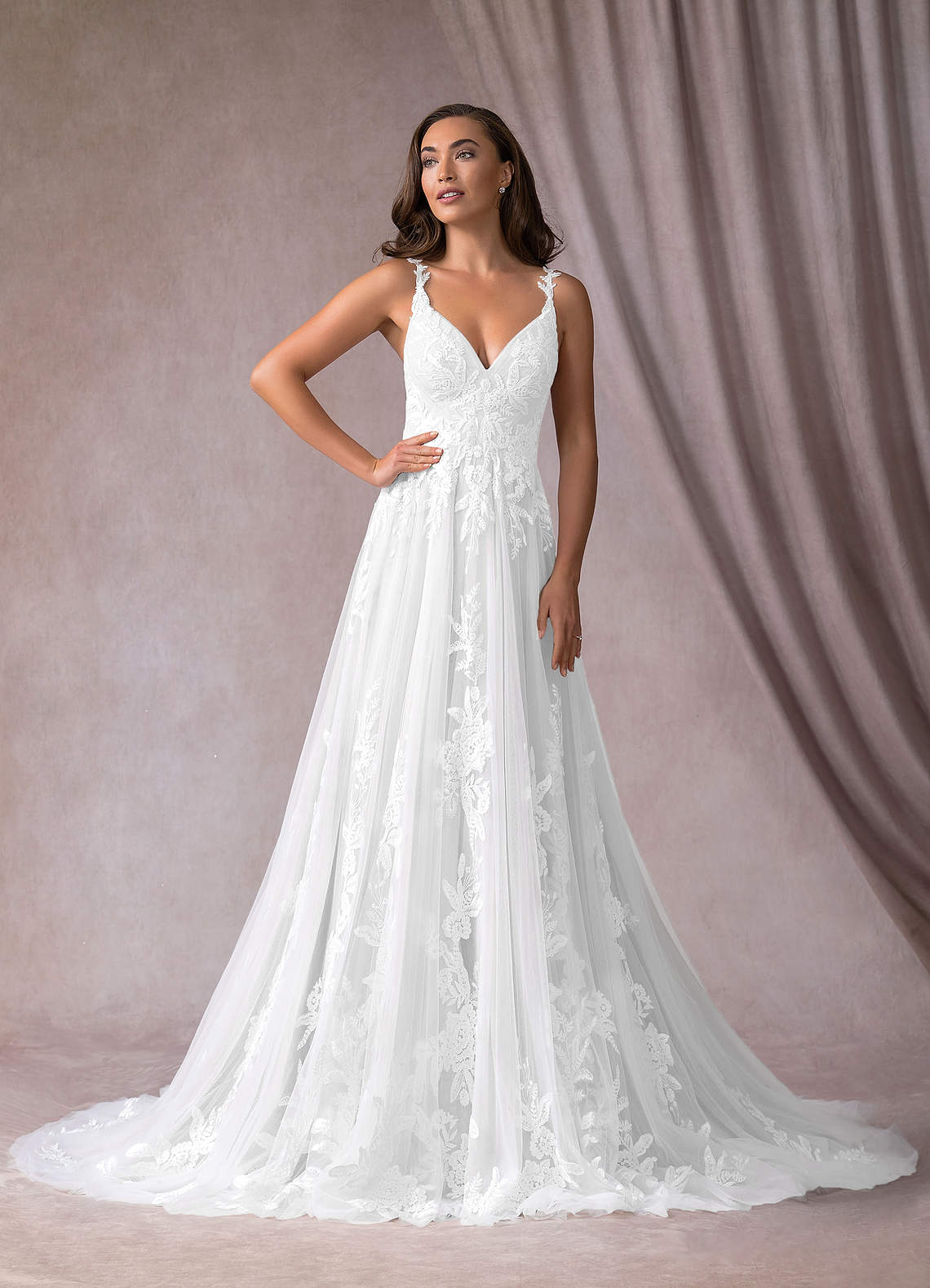 Azazie Delaina Wedding Dresses Diamond White A-Line V-Neck Sequins Tulle Dress image4