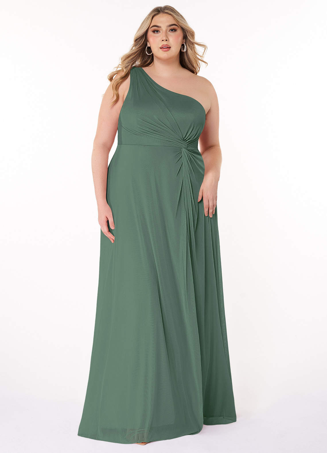 Azazie Brooke Bridesmaid Dresses Eucalyptus A-Line One Shoulder Mesh Dress image1