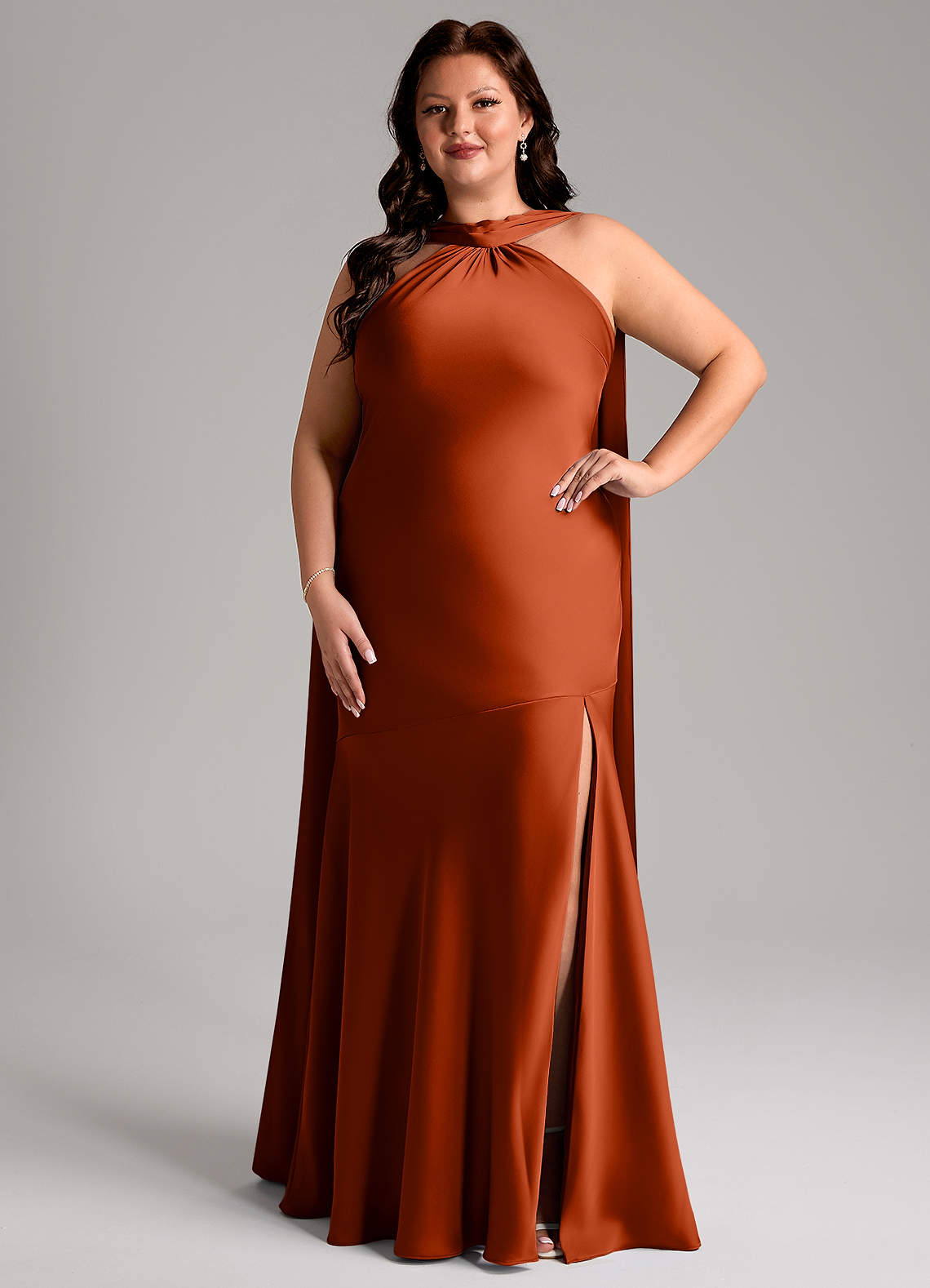 Azazie Kinsley Bridesmaid Dresses Paprika Mermaid Side Slit Stretch Satin Dress image1