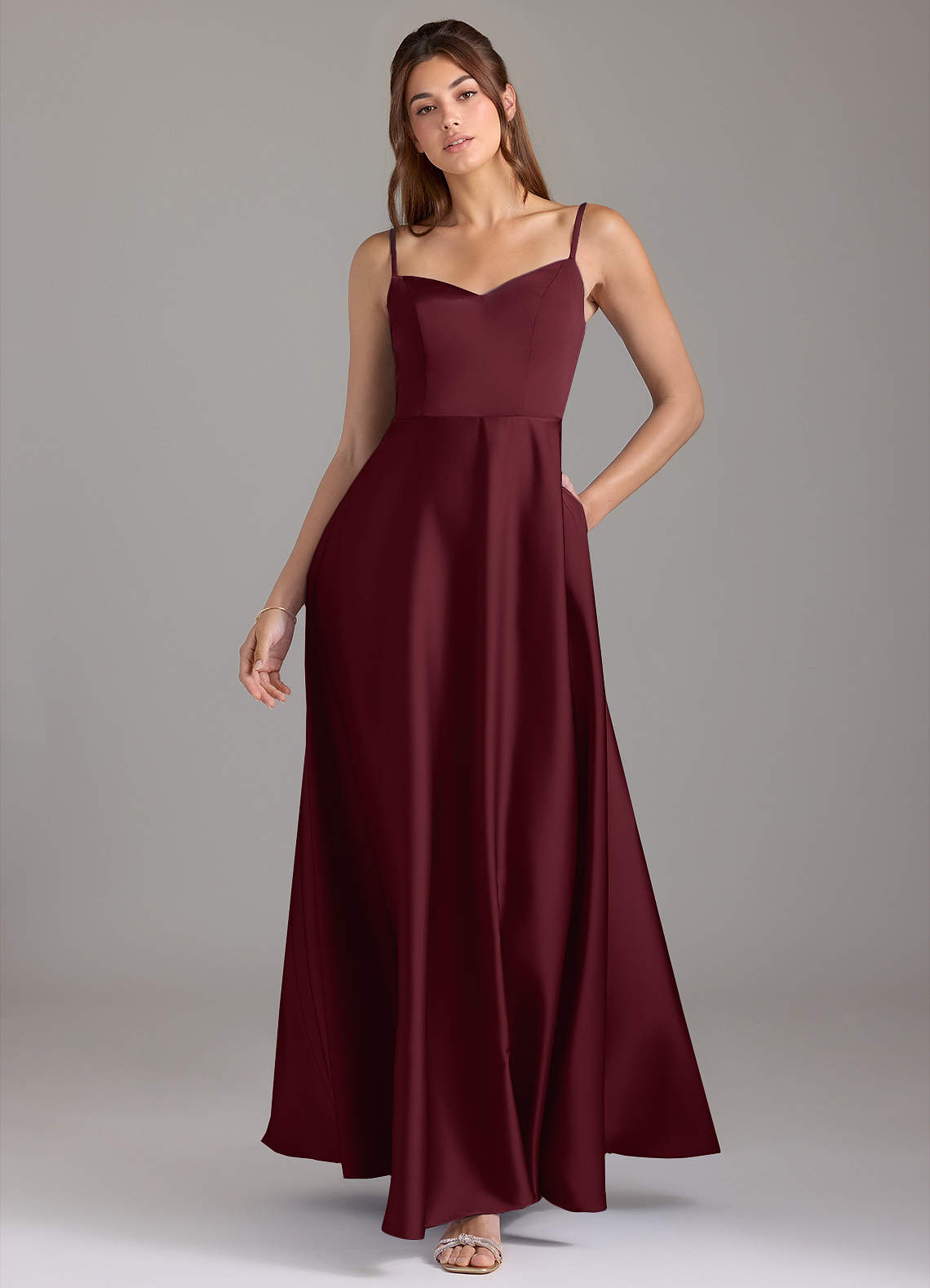 Azazie Marley Bridesmaid Dresses Cabernet A-Line Off the Shoulder Stretch Satin Convertible Dress image1