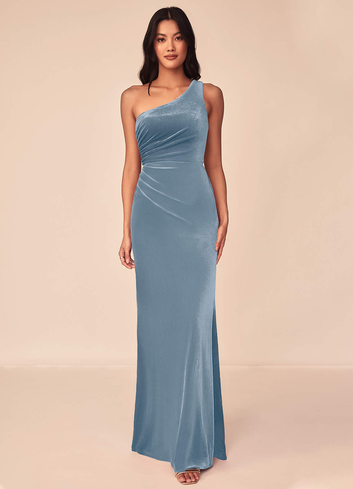 Azazie Argan Bridesmaid Dresses Dusty Blue A-Line One Shoulder Pleated Velvet Dress image1