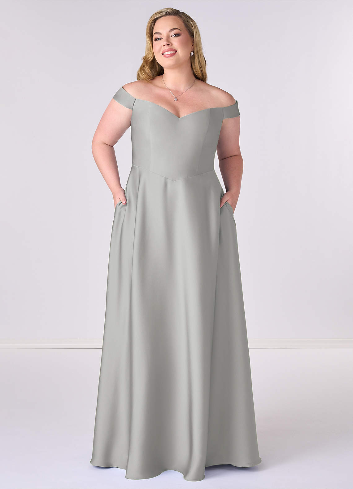 Barbie ♥ Azazie Brautjungfernkleider Wandelbar A-Linie Schulterfrei Stretch-Satin Kleid Silber image1