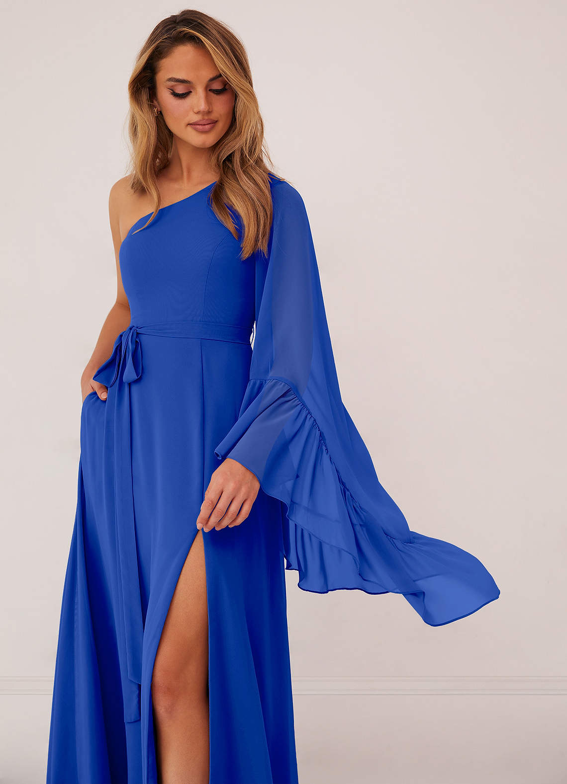 One Shoulder Sleeveless Ruched Chiffon A-line Dress Sunset