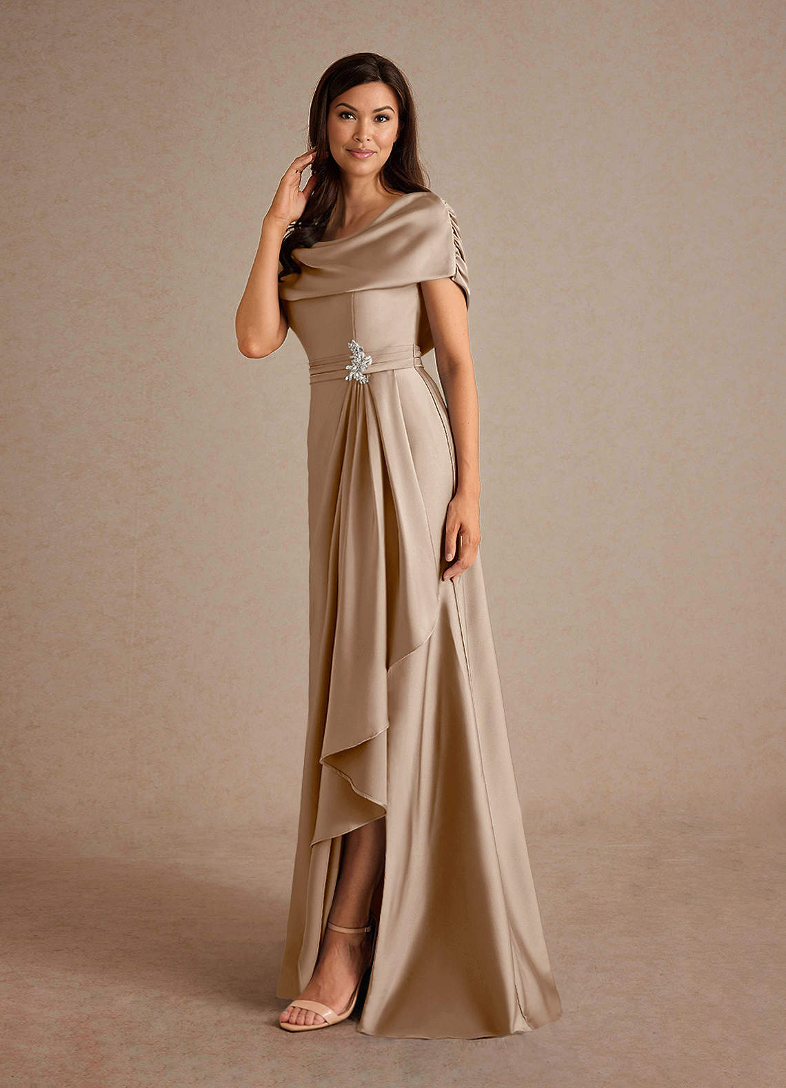 Azazie Branford Taupe A-Line Pleated Stretch Satin Dress | Azazie CA
