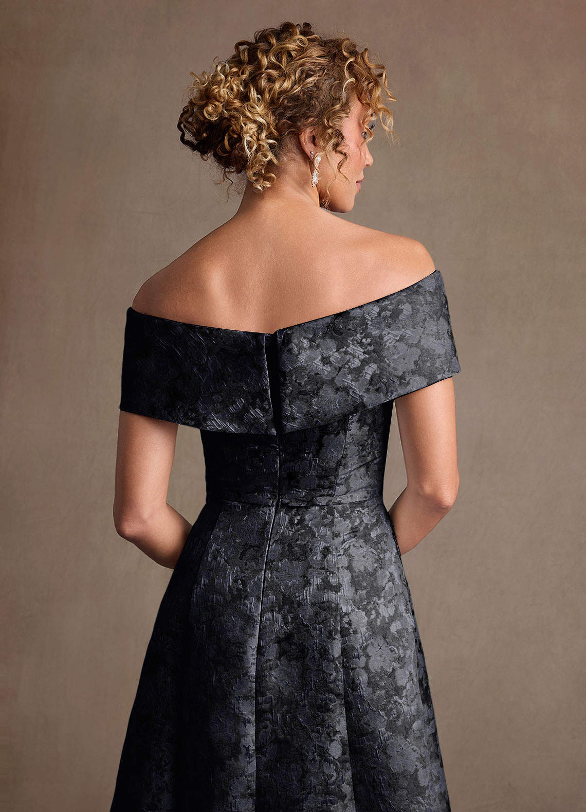 Azazie Harriett At-home Try On Dresses Black A-Line Off the Shoulder Floral Jacquard Dress image5