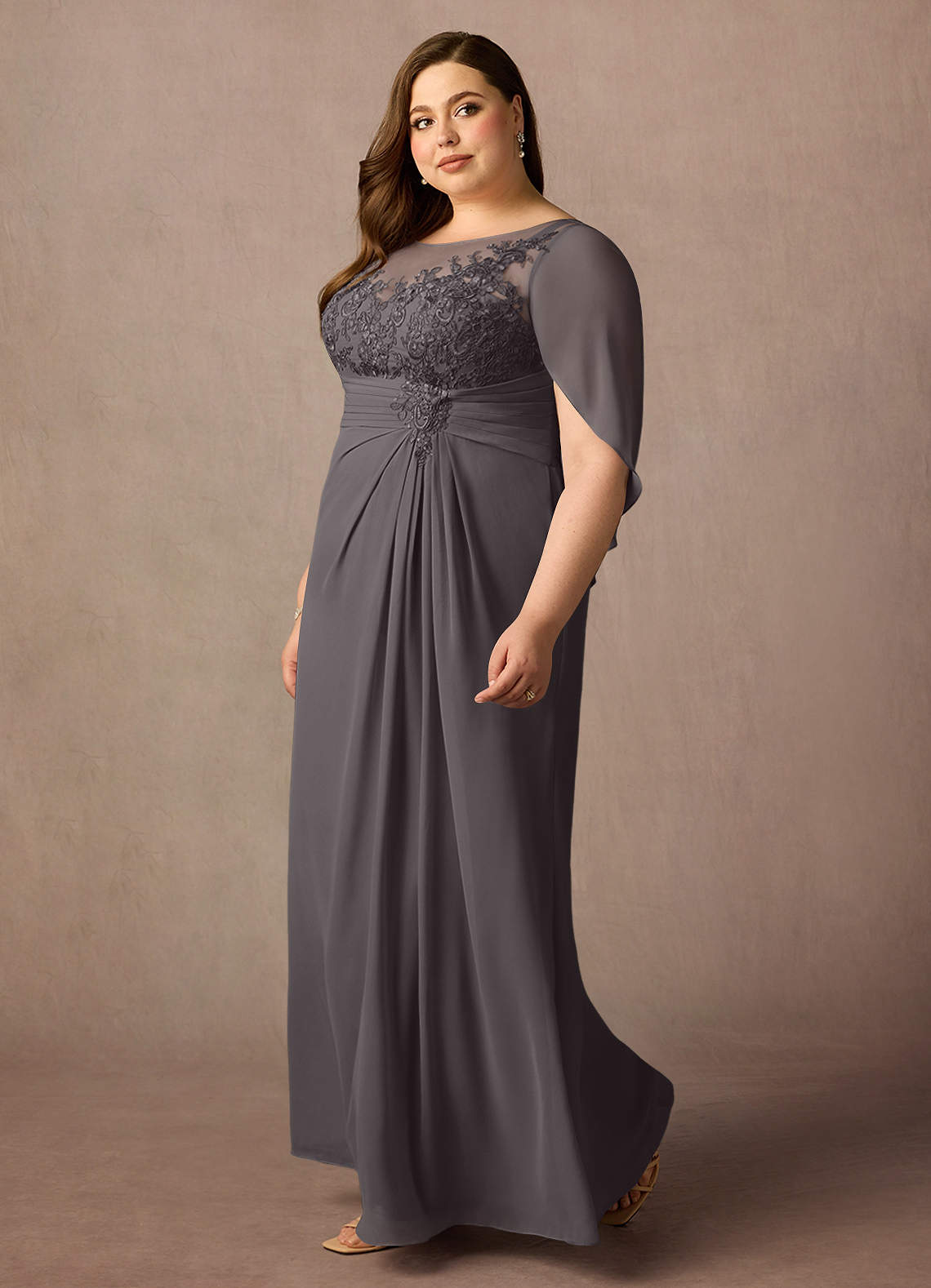 Azazie Hera Mother of the Bride Dresses Steel Grey A-Line Lace Capelet Chiffon Dress image7