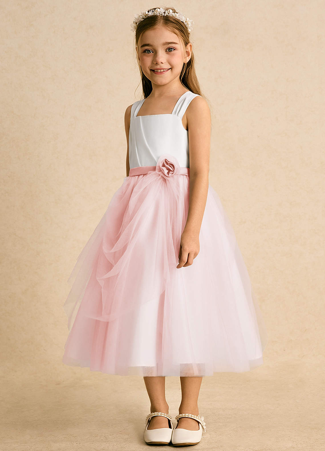 Azazie Bonny Flower Girl Dresses Ivory Blushing Pink Ball-Gown Pleated Tulle Dress image1