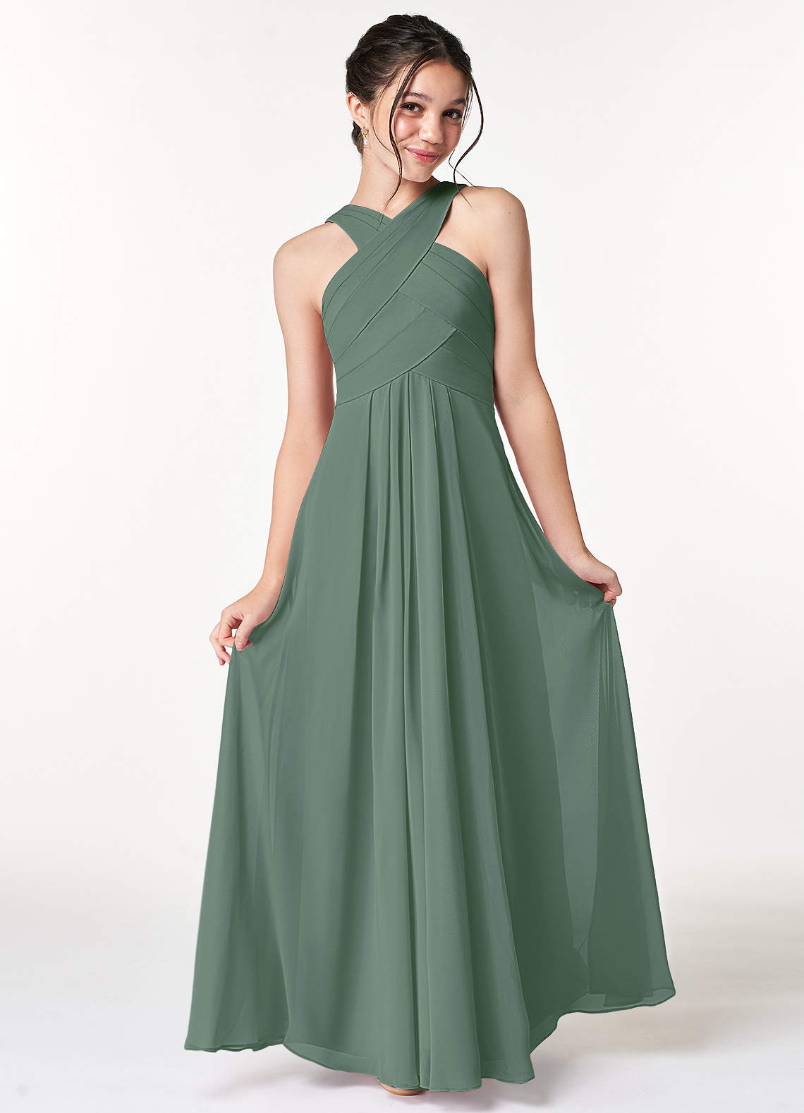 Azazie Kaleigh Junior Vestido Eucalipto de Chiffon de Linha A com Plissado image3