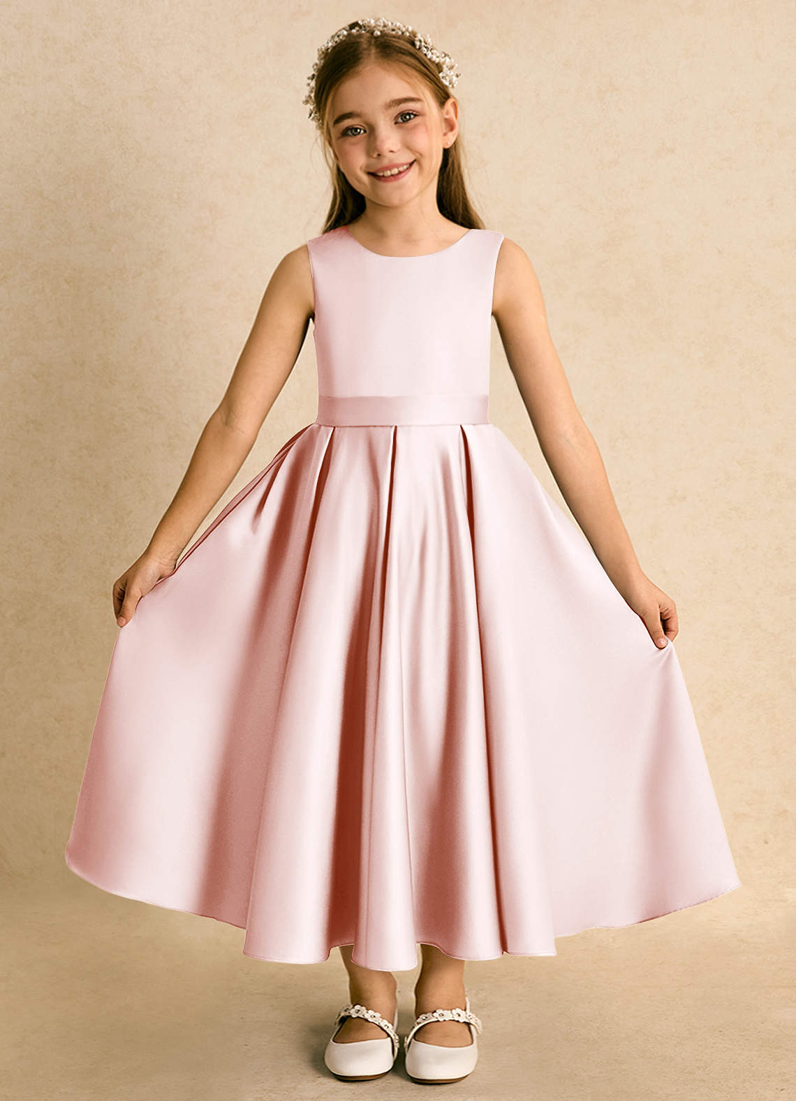 Azazie Junebuj vestidos de niña de las flores Vestido de Rosa Rubor de Satin Mate de Princesa con Plisado image3