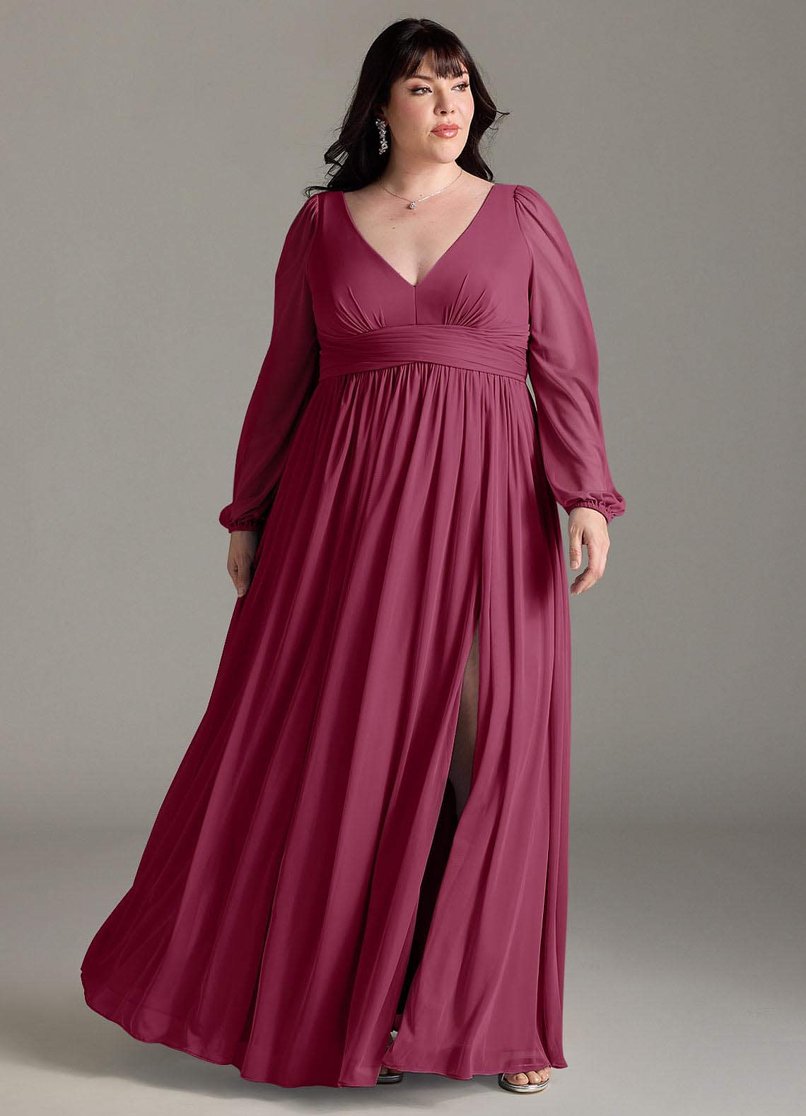 Azazie Norah Abiti da Damigella Abito A-Line in Chiffon con Maniche lunghe e Scollo a V Gelso image5