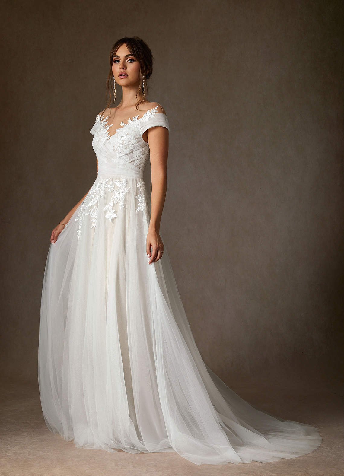 Azazie Cindy Wedding Dresses Diamond White A-Line Illusion Off-The-Shouler Lace Tulle Dress image8
