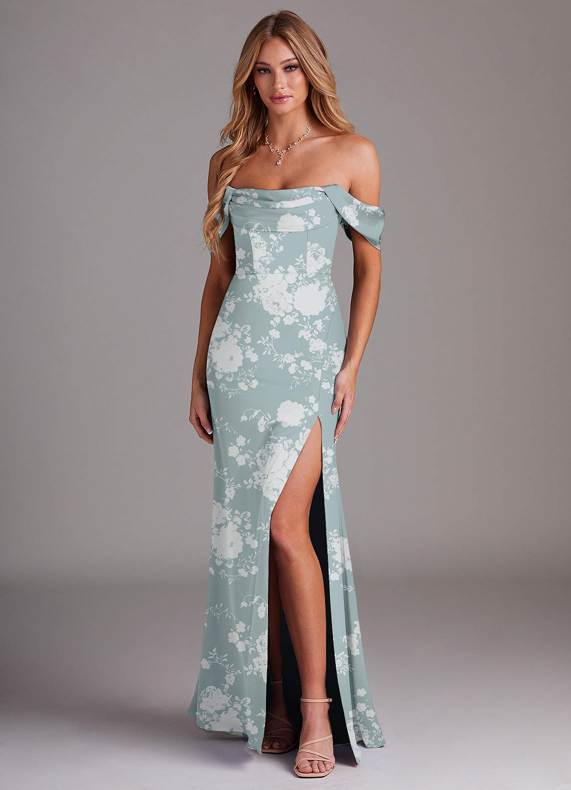 Azazie Saige Bridesmaid Dresses Powder Blue Floral Sheath Off the Shoulder Stretch Satin Dress image1