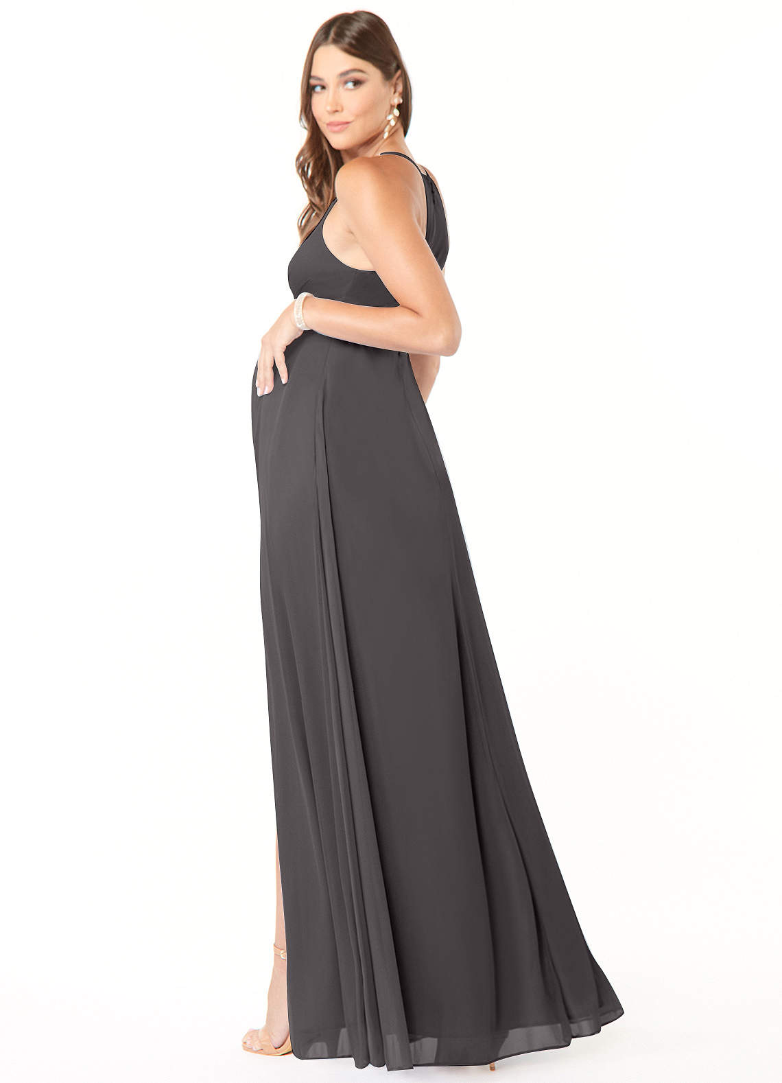 Azazie Annabelle Maternity Bridesmaid Dresses A-Line V-Neck Pleated Mesh Floor-Length Dress image4