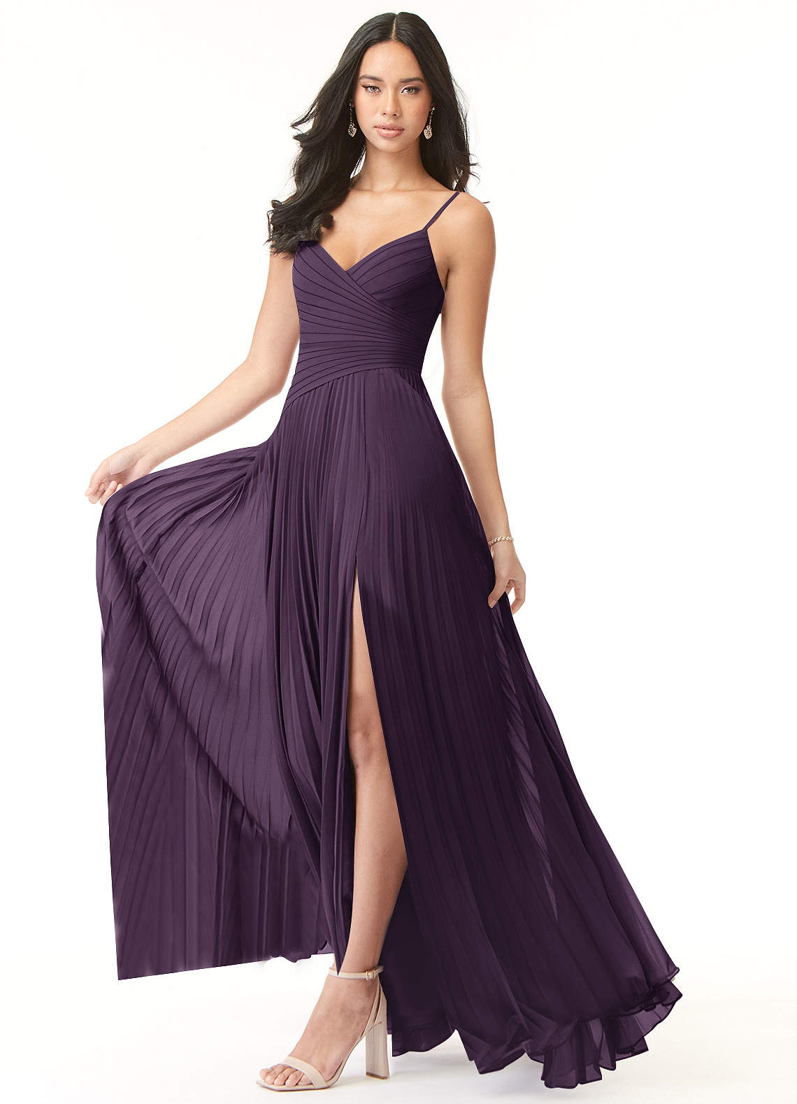 Azazie Vini Bridesmaid Dresses Plum A-Line V-Neck Pleated Chiffon Dress image2