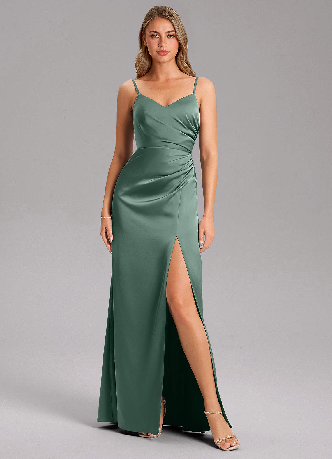 Azazie Azuree Vestidos de madrinha de casamento Vestido Eucalipto de Cetim elástico de Linha A com Plissado image11