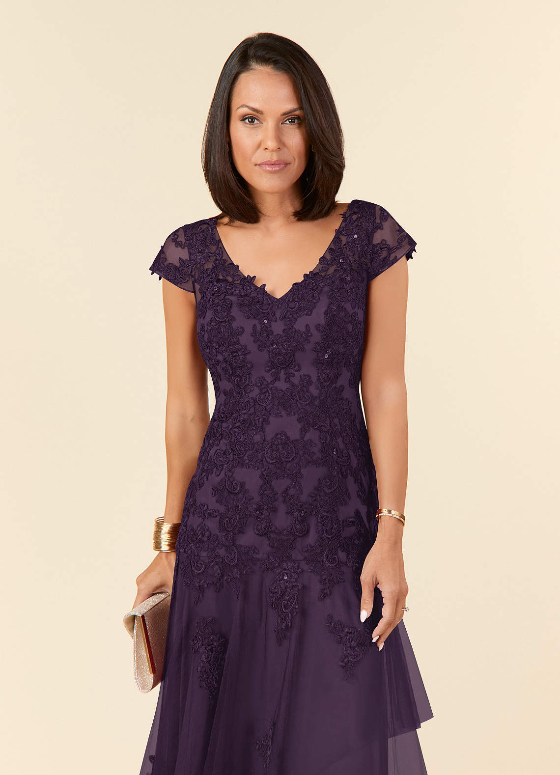 Azazie Romy Plum Mermaid V-Neck Sequins Tulle Dress Ready to Ship