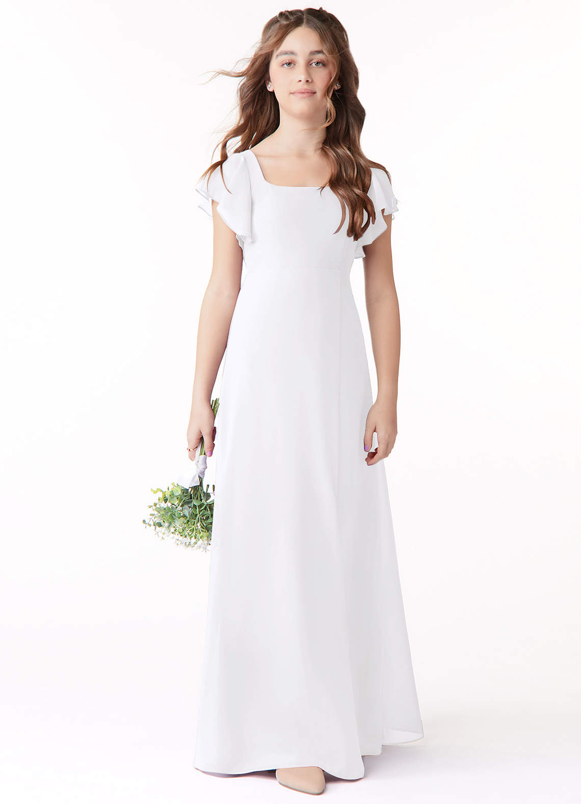 Azazie Bondi Junior White A-Line Bow Chiffon Dress image1