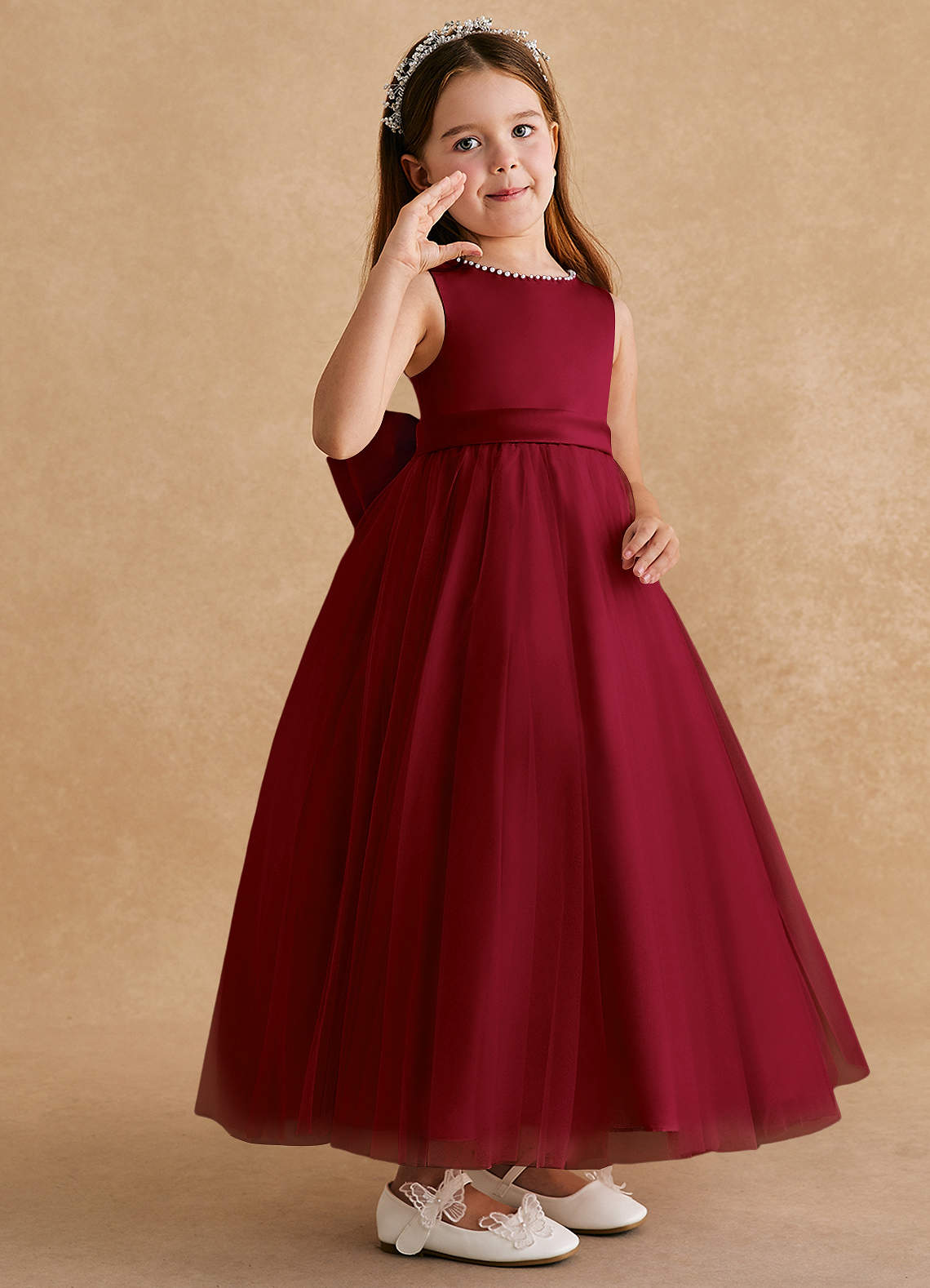 Azazie Cookie Flower Girl Dresses Burgundy A-Line Bow Tulle Dress image1