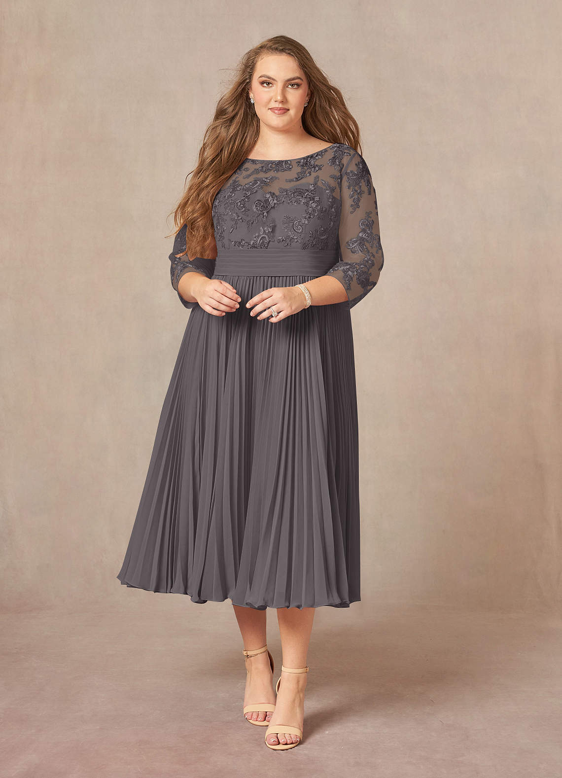 Azazie Tutu Mother of the Bride Dresses Steel Grey A-Line Boatneck Lace Chiffon Dress image1