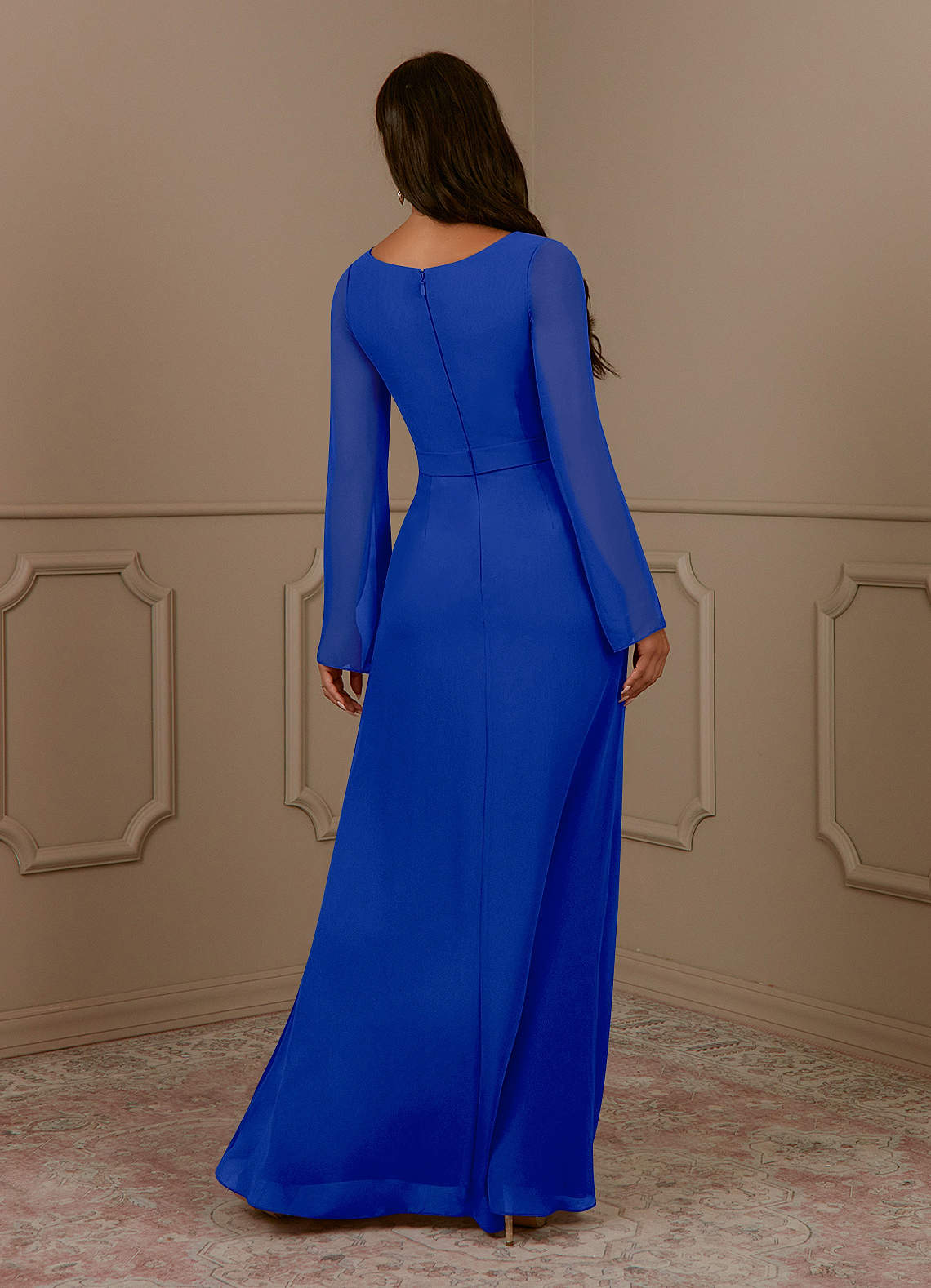 Elegante abo da ballo in chiffon blu a trapezio lungo fino alla caviglia con reggiseno