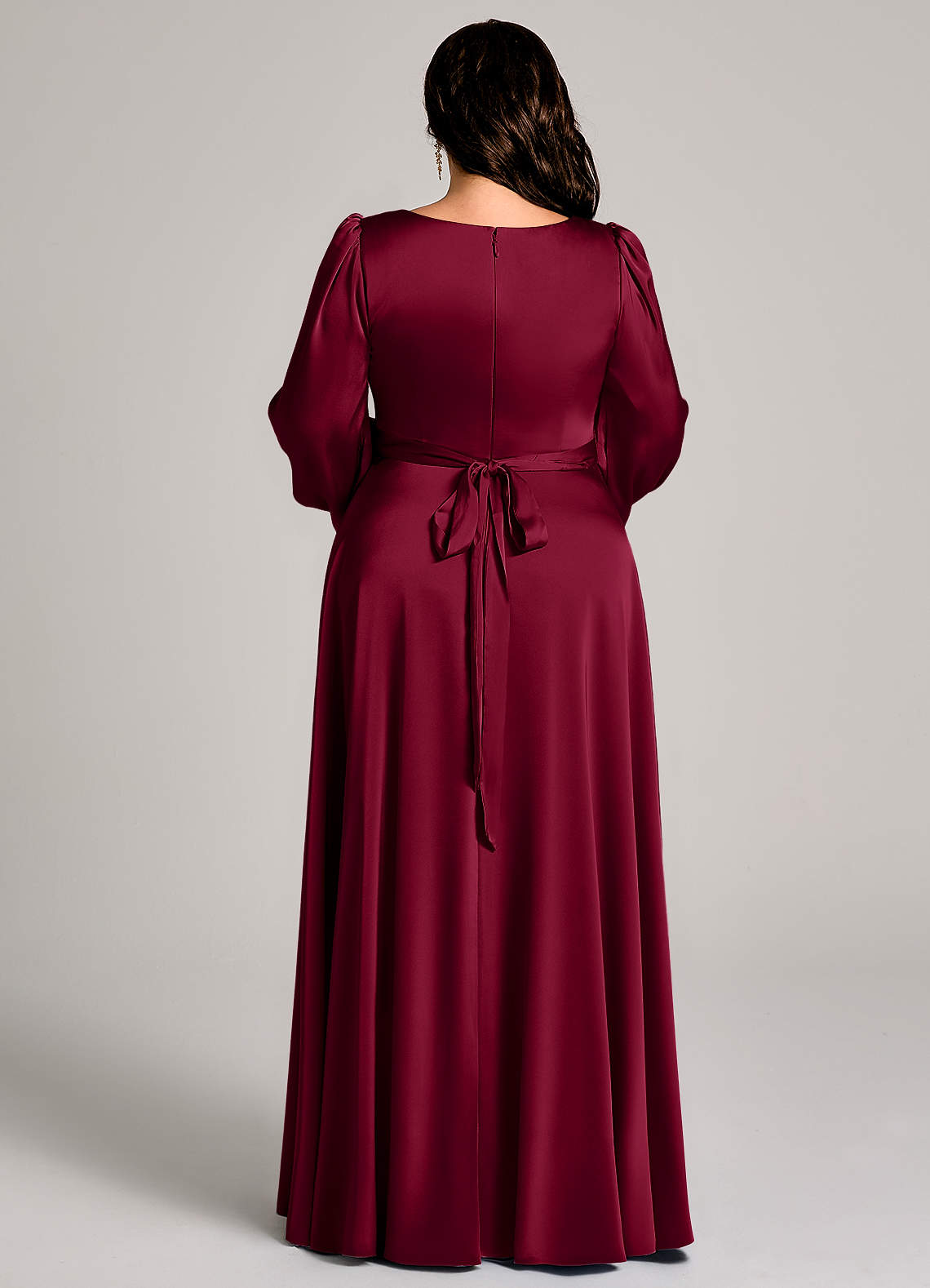 Azazie Leonia Bridesmaid Dresses Burgundy A-Line Long Sleeve Stretch Satin Dress image12