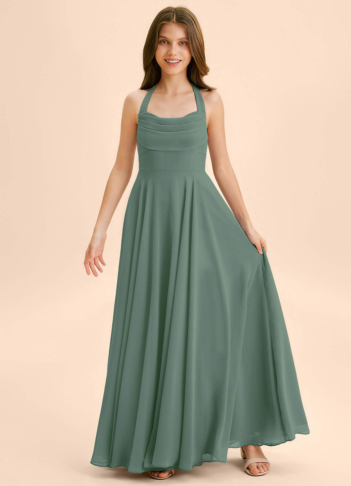 Azazie Kady Junior Abito A-Line in Chiffon Scollo a Cuore Eucalipto image2