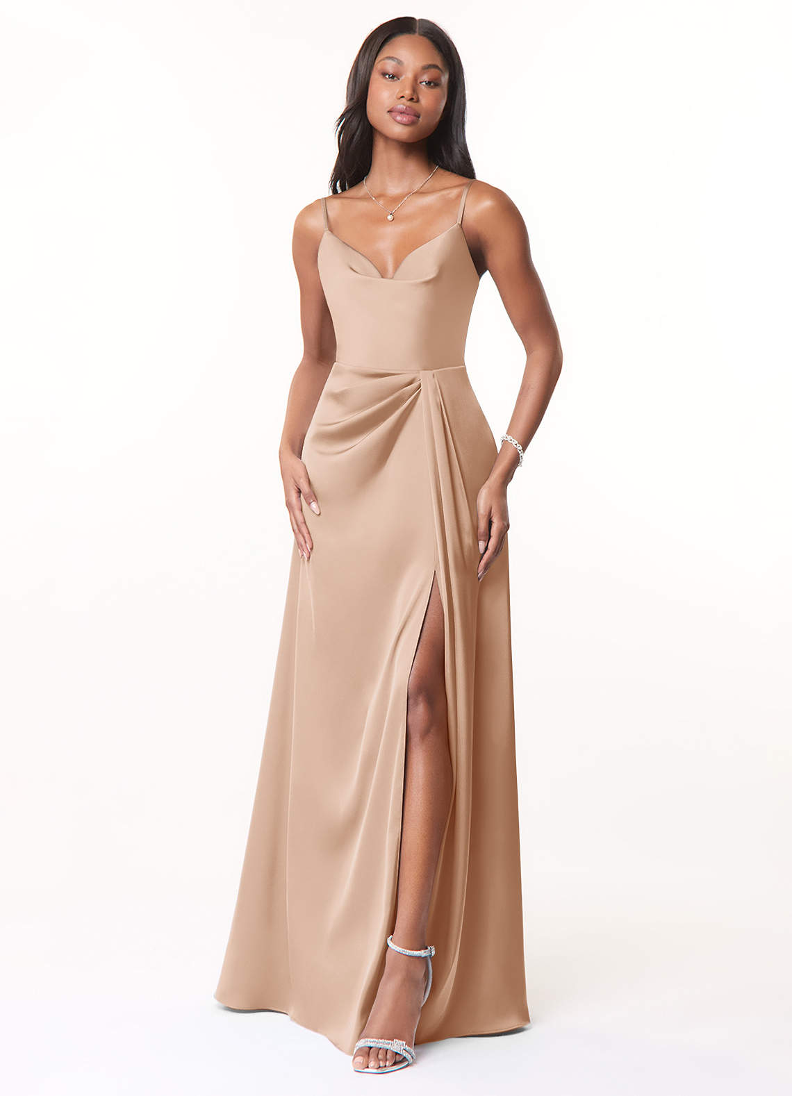 a line dress spaghetti strap Azazie Brielle Ready to Ship English Rose Stretch Satin Bridesmaid Dresses Color:Nude White Proper Peony An ideal choice for Which jersey from the