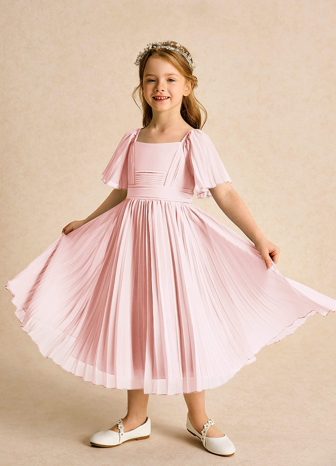 Azazie Gisele Abiti da Ragazza di Fiori Abito A-Line in Chiffon Plissettato Rosa Rossore image3