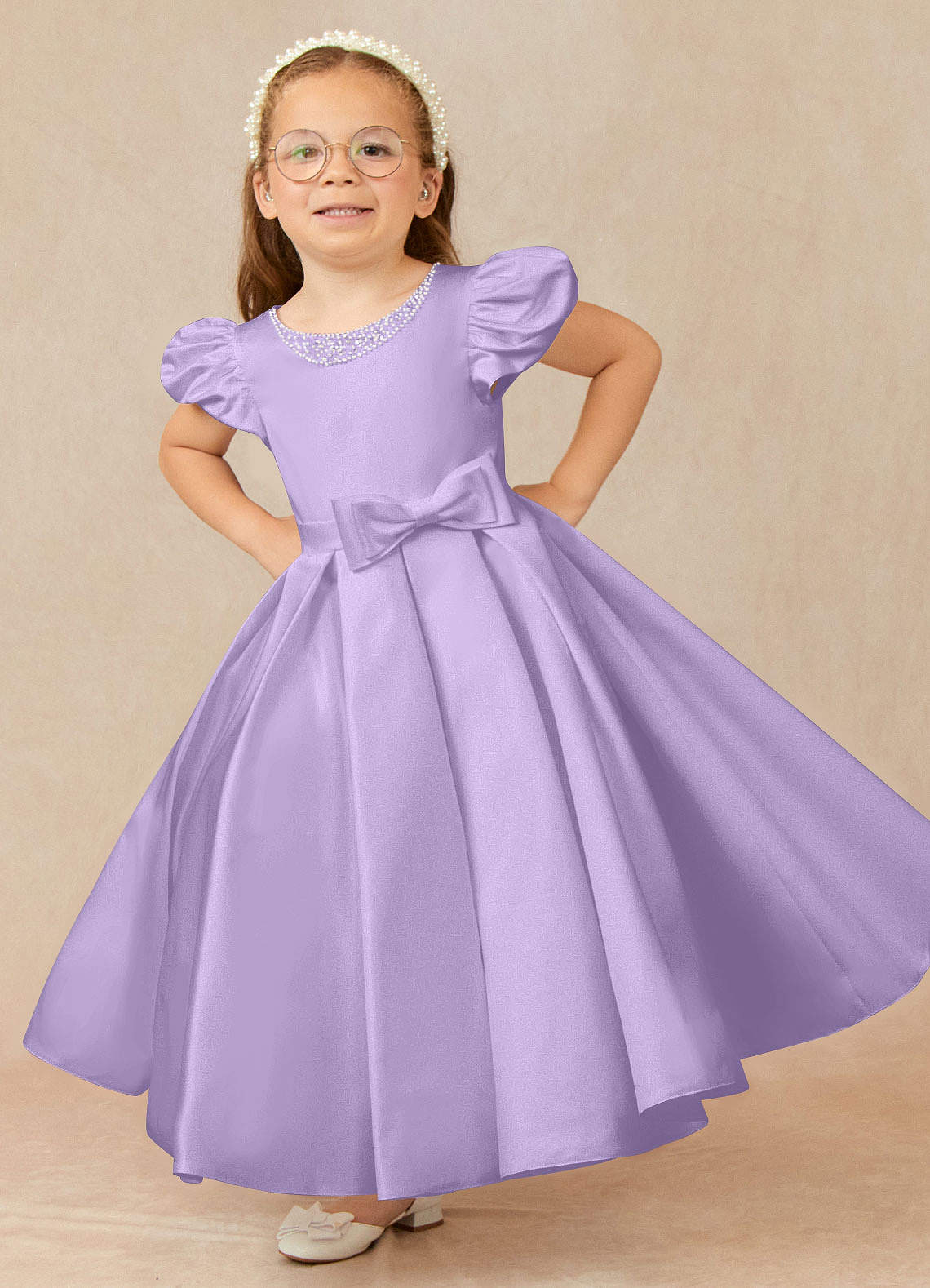 Azazie Jewel Flower Girl Dresses Lilac Ball-Gown Pleated Matte Satin Dress image1