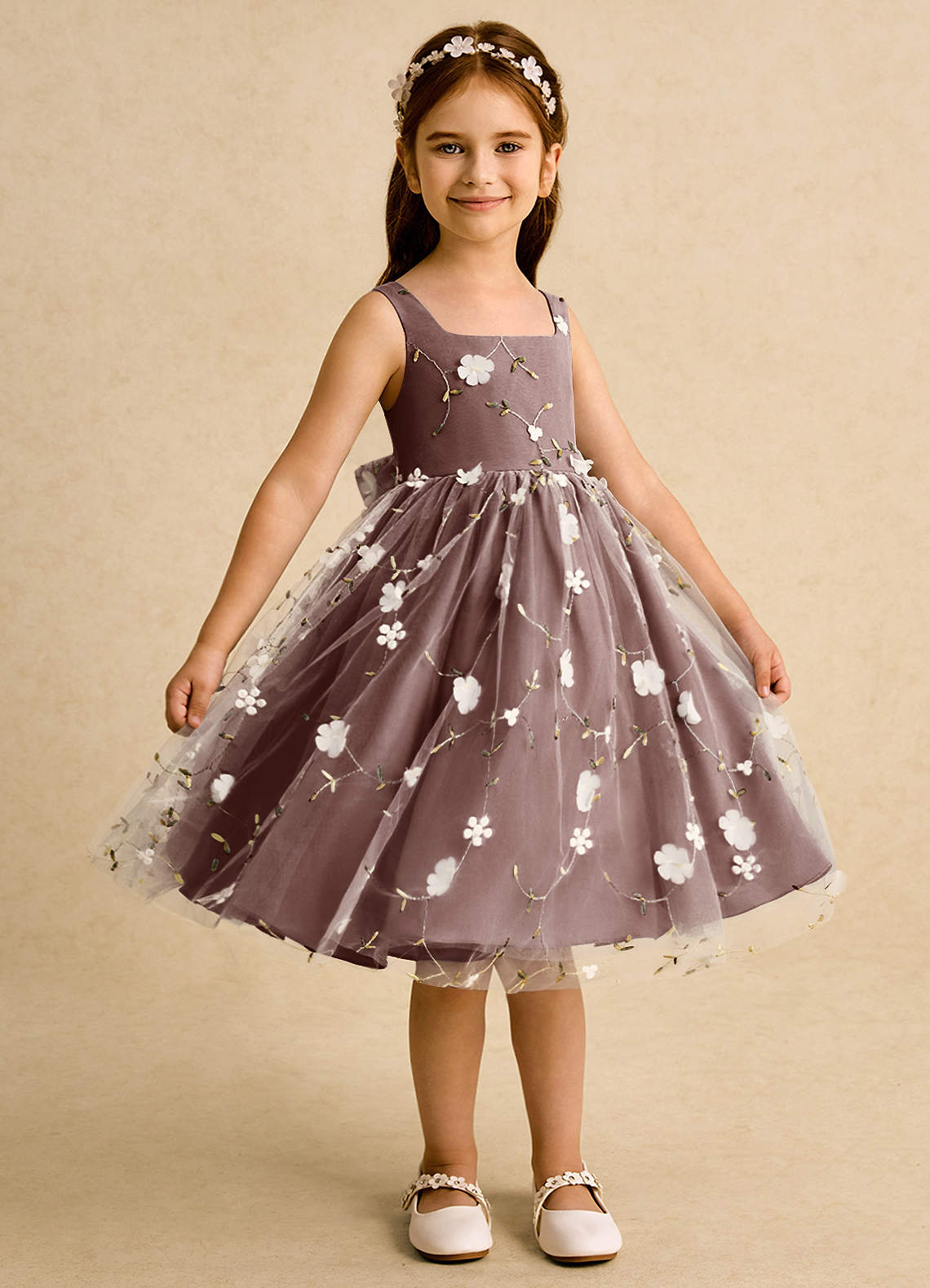 Azazie Bean Flower Girl Dresses Espresso Ball-Gown Sleeveless Tulle Dress image3
