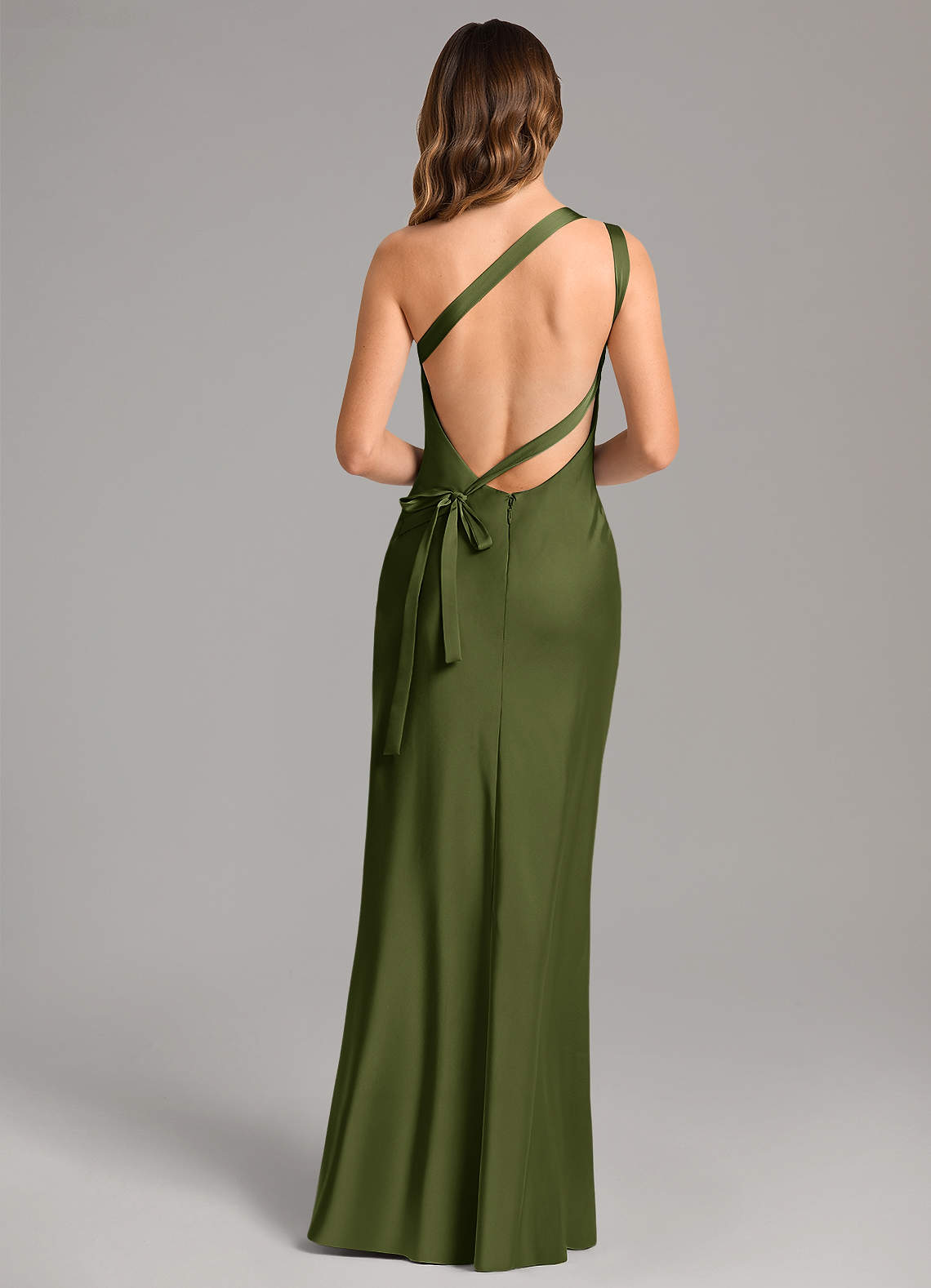 Azazie Monroe Essayer des robes à la maison Robe Sirène en Satin extensible Ue épaule Rose Perle image1