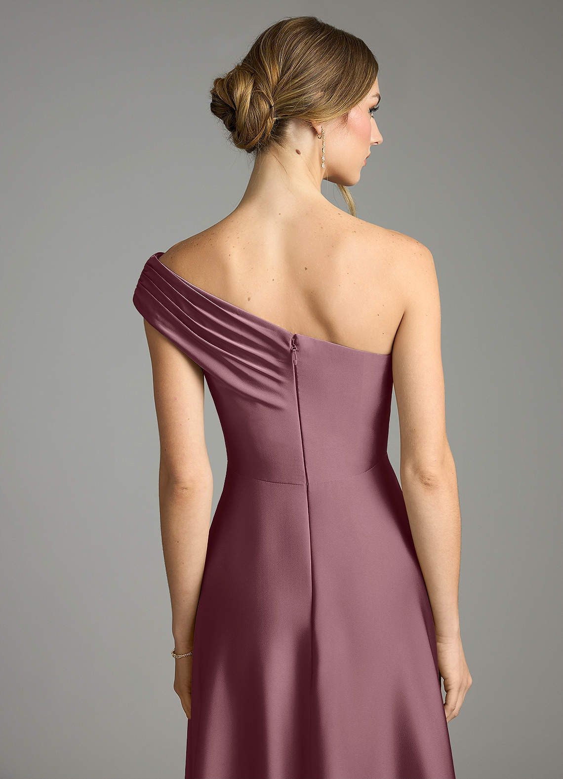Azazie Melanie At-home Try On Dresses Amethyst A-Line Off the Shoulder Stretch Satin Dress image1