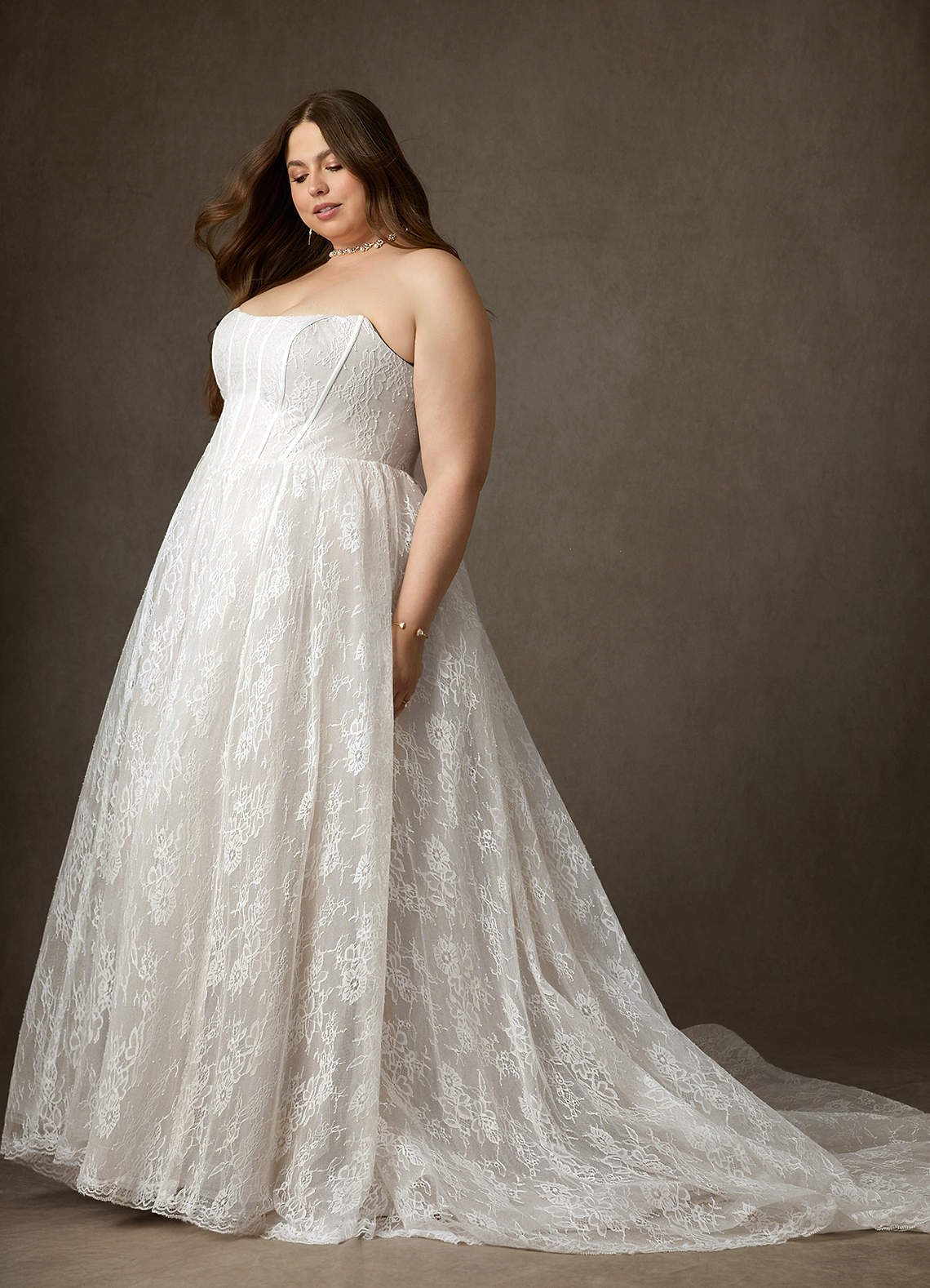 Azazie Demetria Wedding Dresses Diamond White Ball-Gown Strapless Lace Dress image10