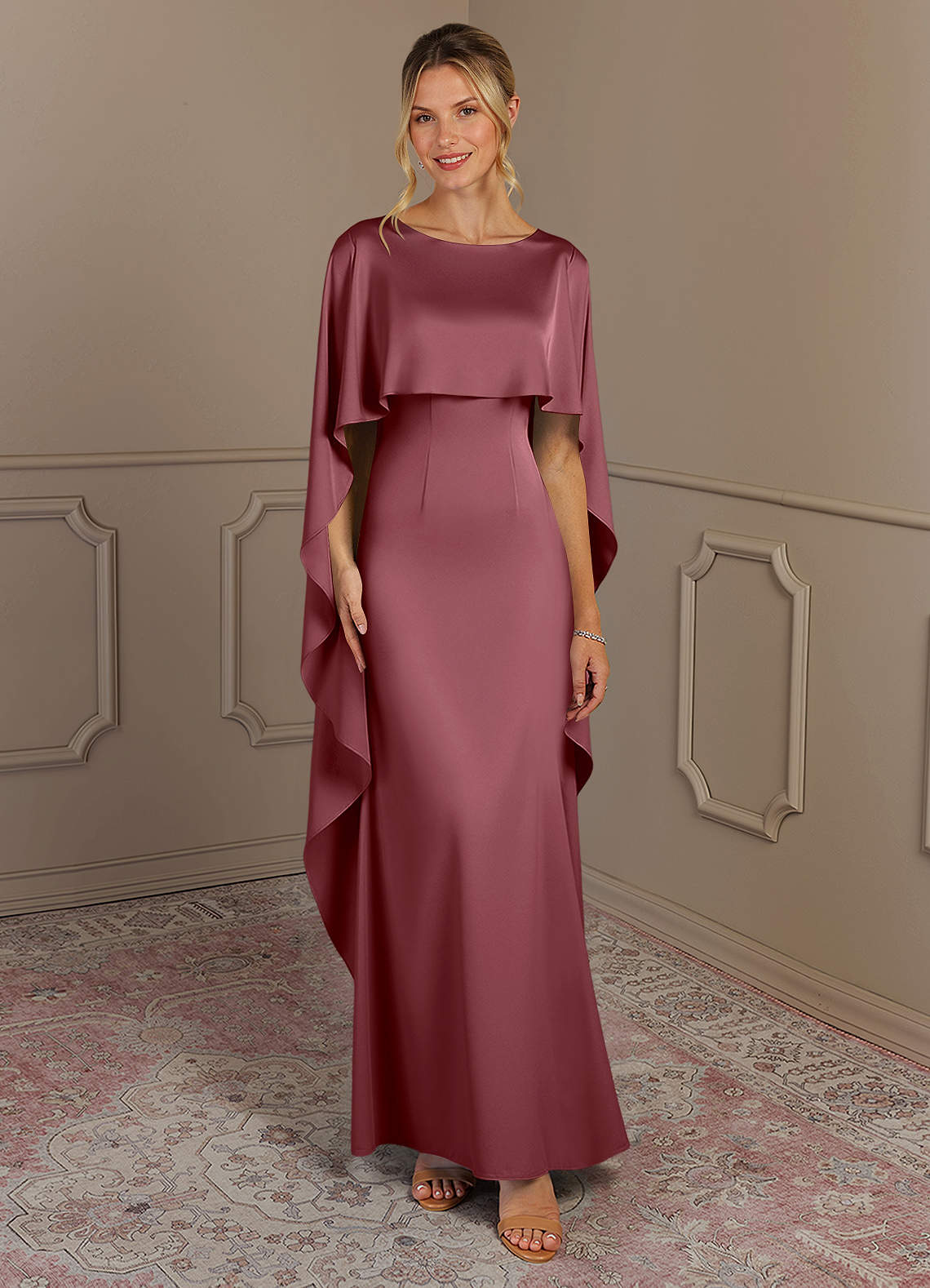 Azazie Eli Mère de la mariée Robes Robe Fourreau en Satin extensible Col de bateau Rose Du Désert image1
