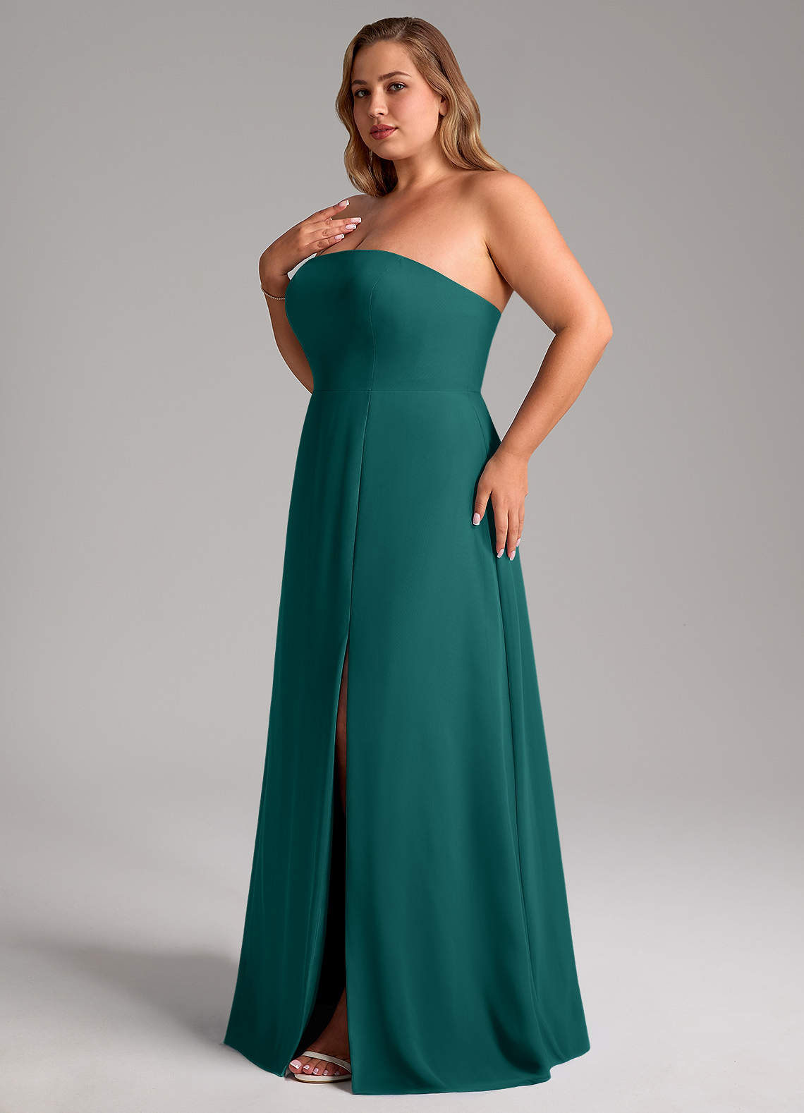 Azazie Wren Abiti da Damigella Abito Convertibile A-Line in Chiffon Spacco Laterale Verde Pavone image12