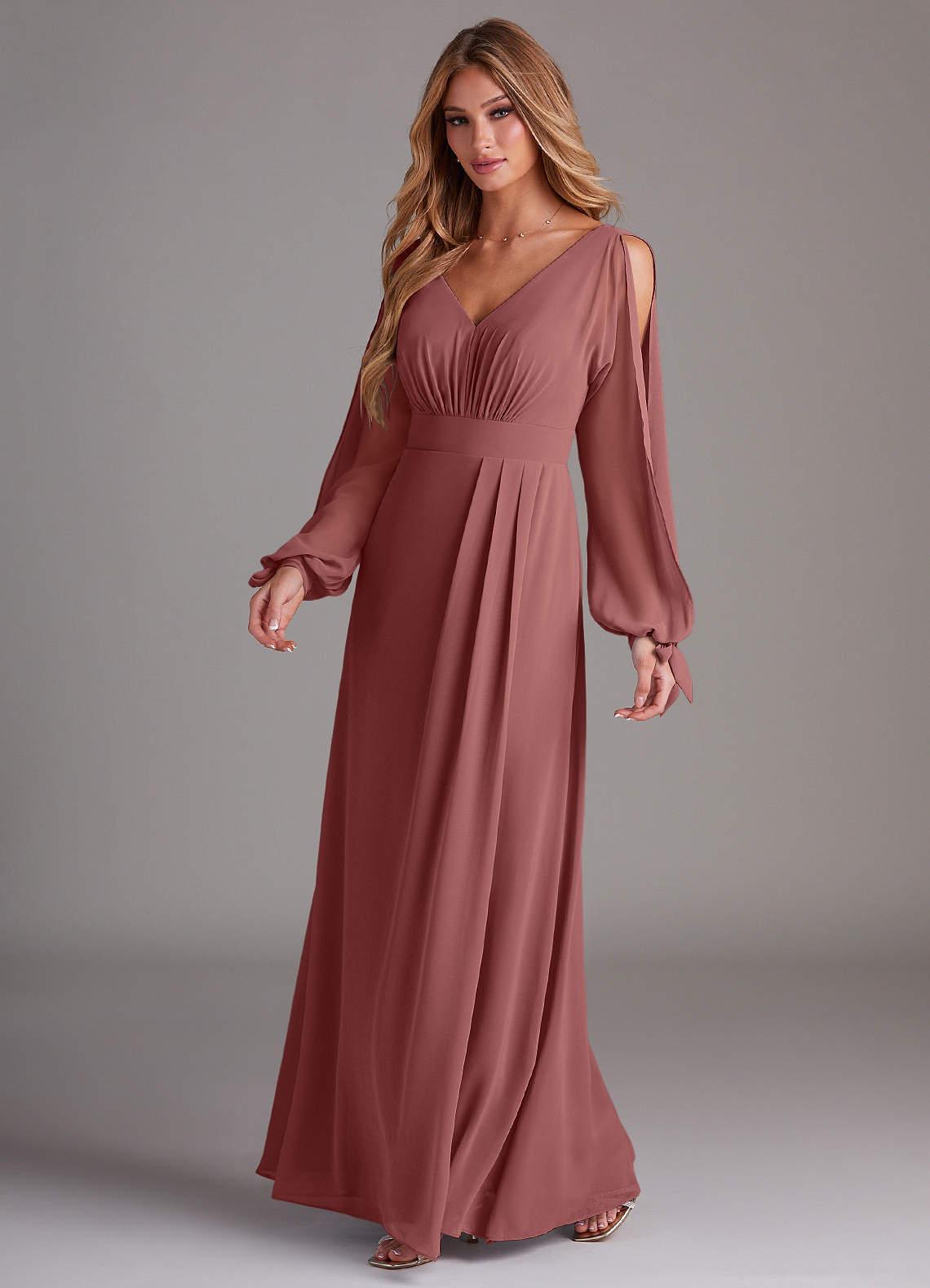 Azazie Matilda Bridesmaid Dresses Amethyst A-Line Long Sleeve Chiffon Dress image1