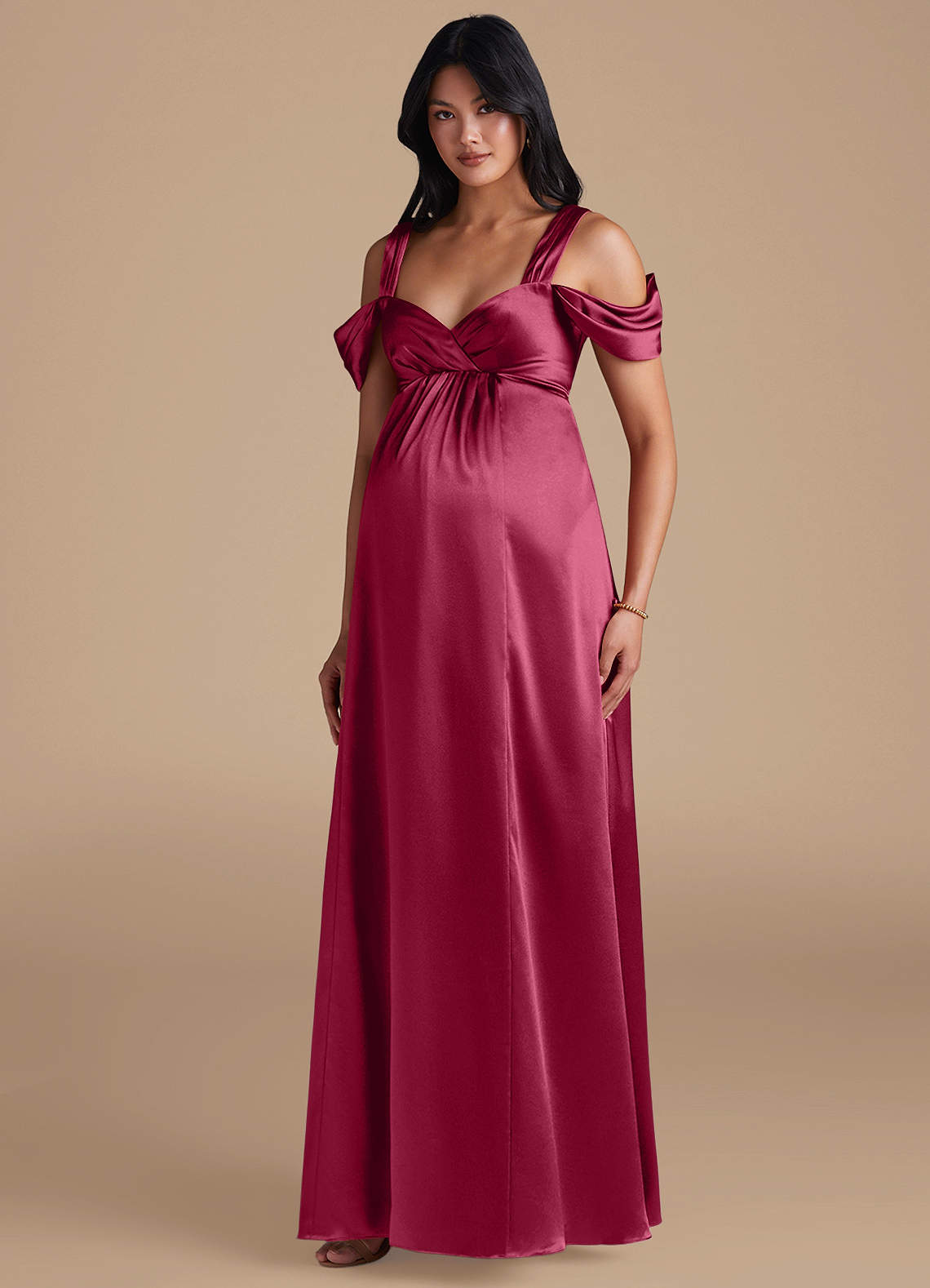 Azazie Rhea Maternity Bridesmaid Dresses A-Line Pleated Metallic Satin Floor-Length Dress image1