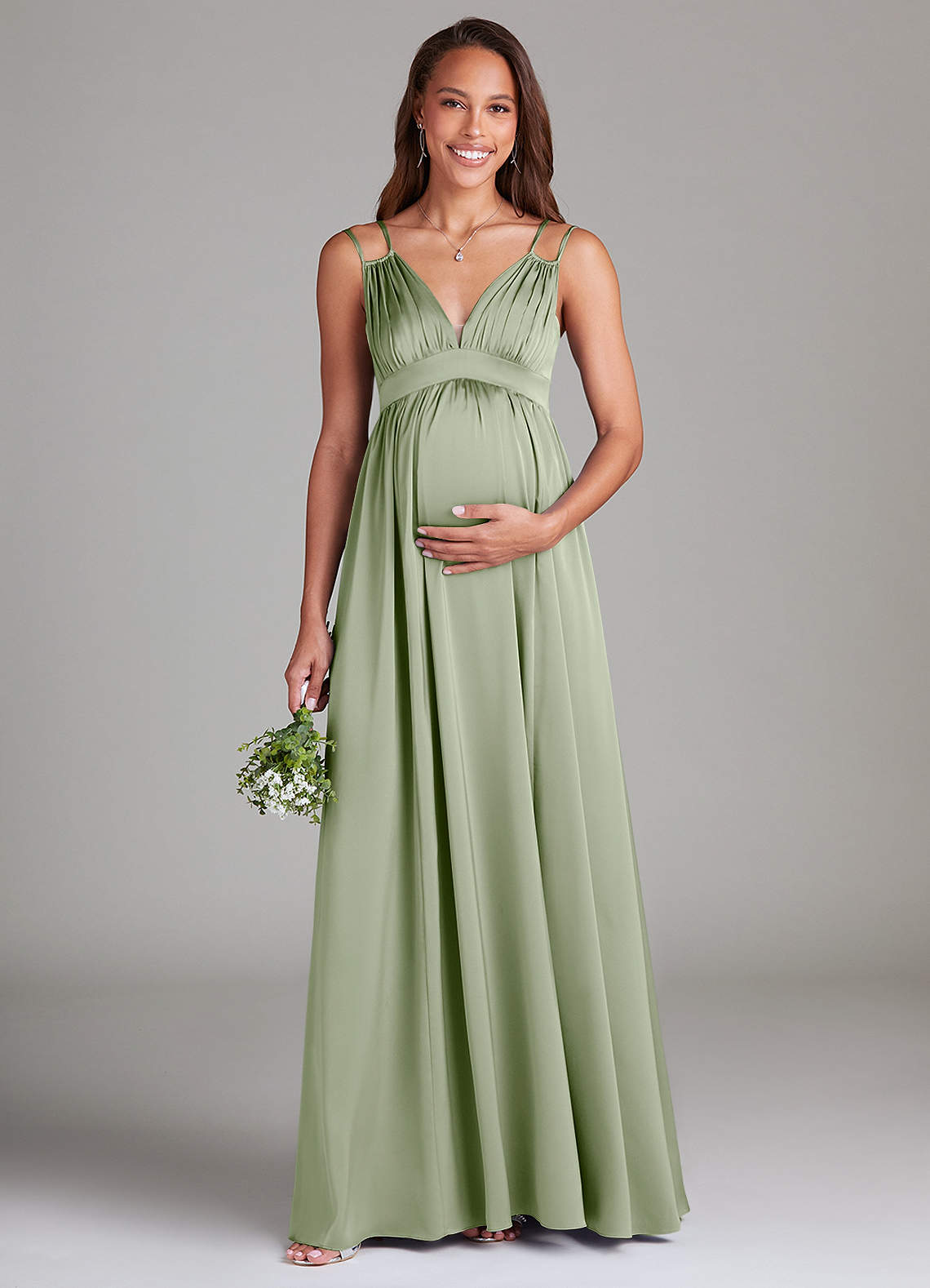 Azazie Emree Maternity Bridesmaid Dresses A-Line Stretch Satin Floor-Length Dress with Pockets image1