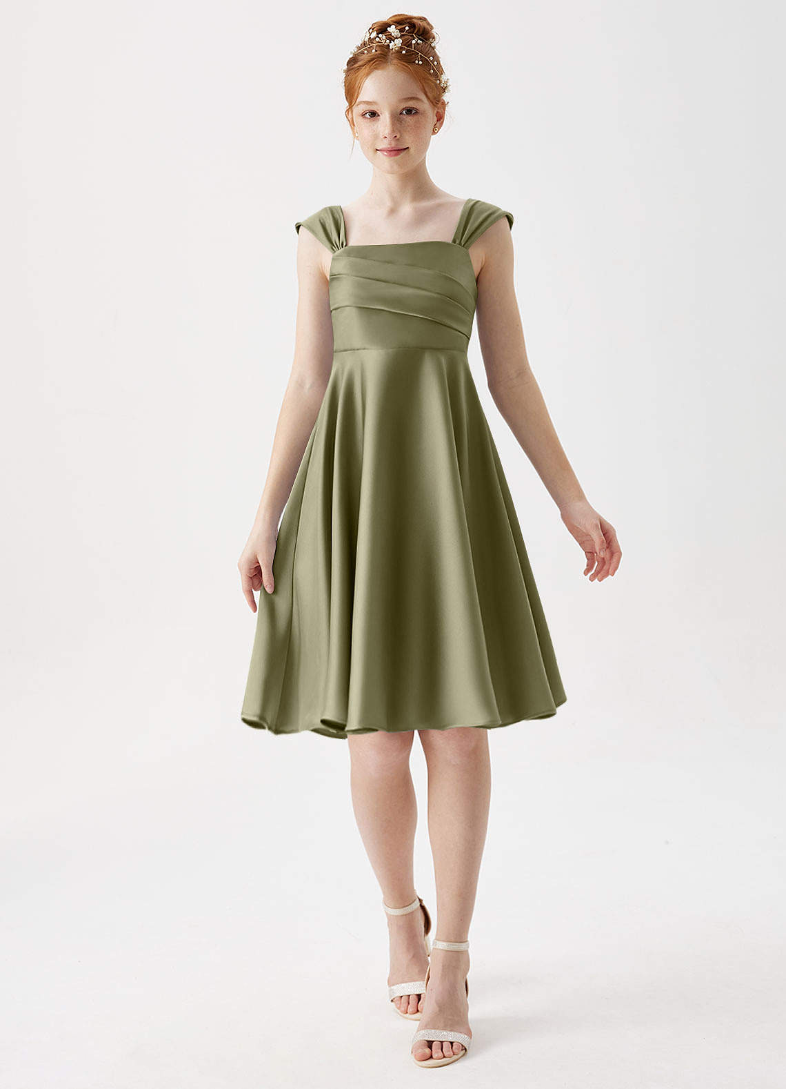Azazie Amira Junior Pistachio A-Line Pleated Stretch Satin Dress image1