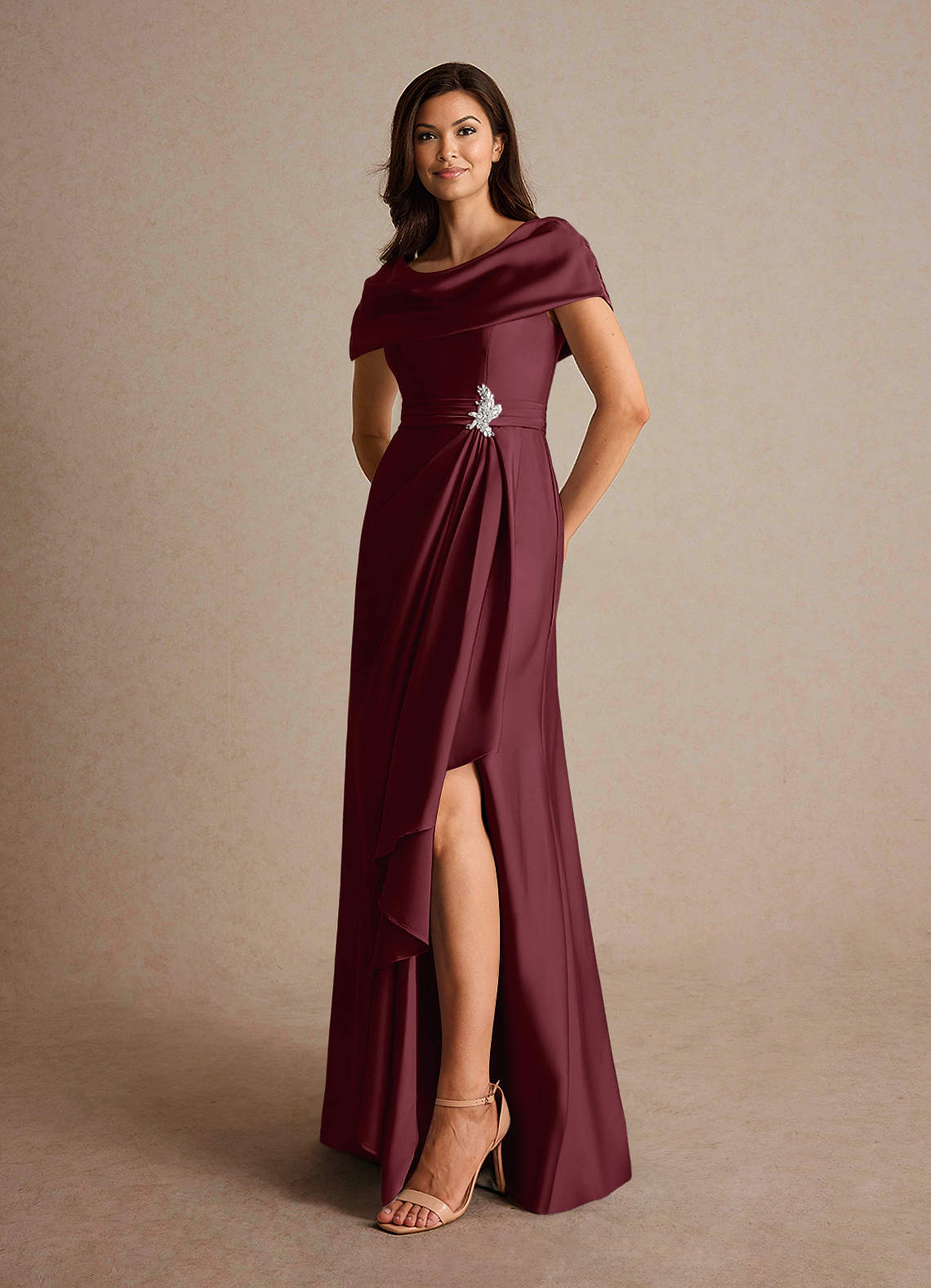 Azazie Branford Mother of the Bride Dresses Cabernet A-Line Pleated Stretch Satin Dress image7