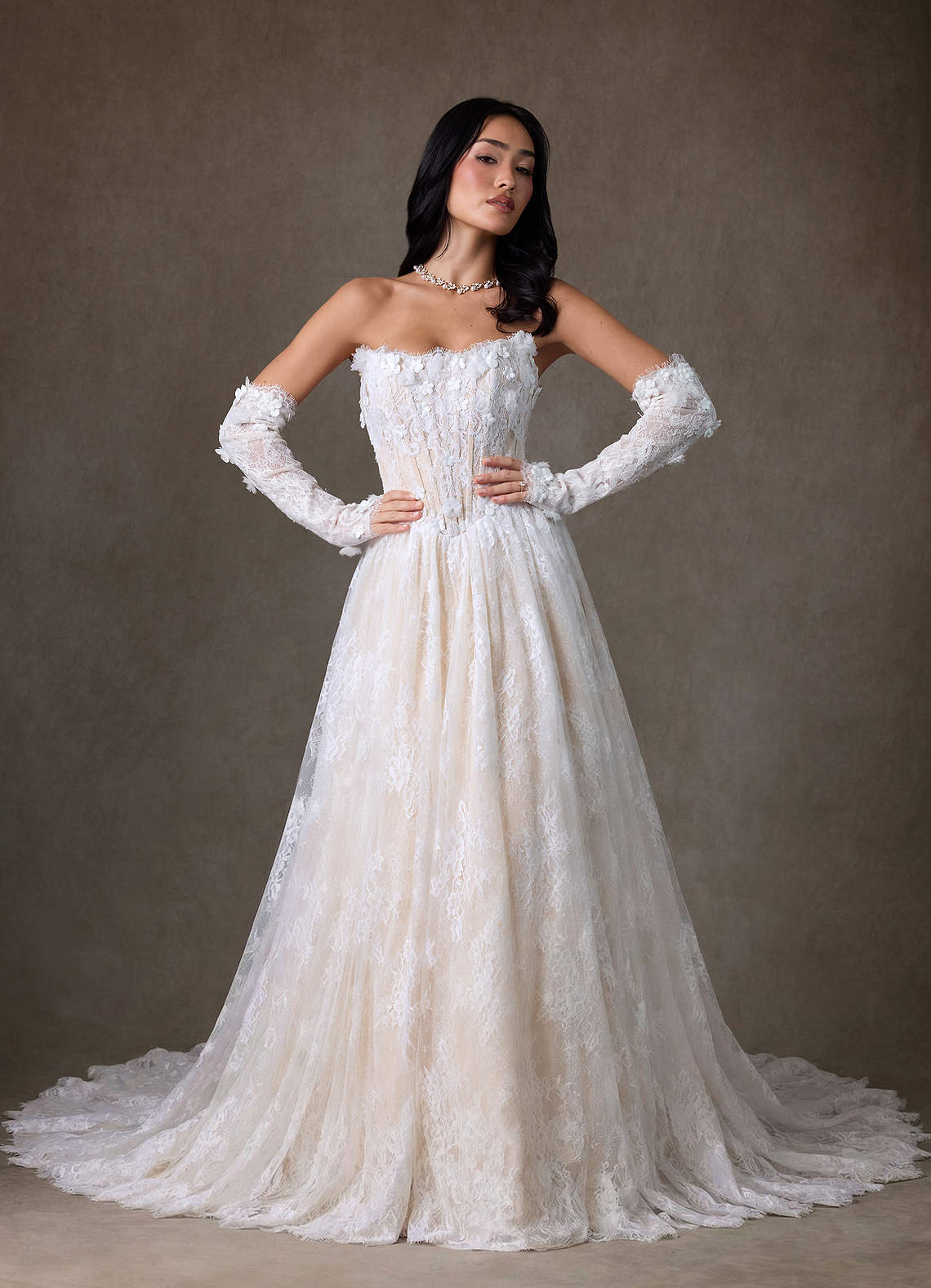 Azazie Vanessa Wedding Dresses Diamond White Champagne Ball-Gown Strapless Lace Dress image8