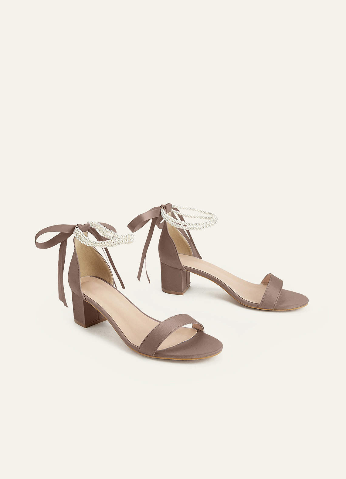 front Matching Color Matte Satin Pearl and Bow Open Toe Chunky Heel Sandals