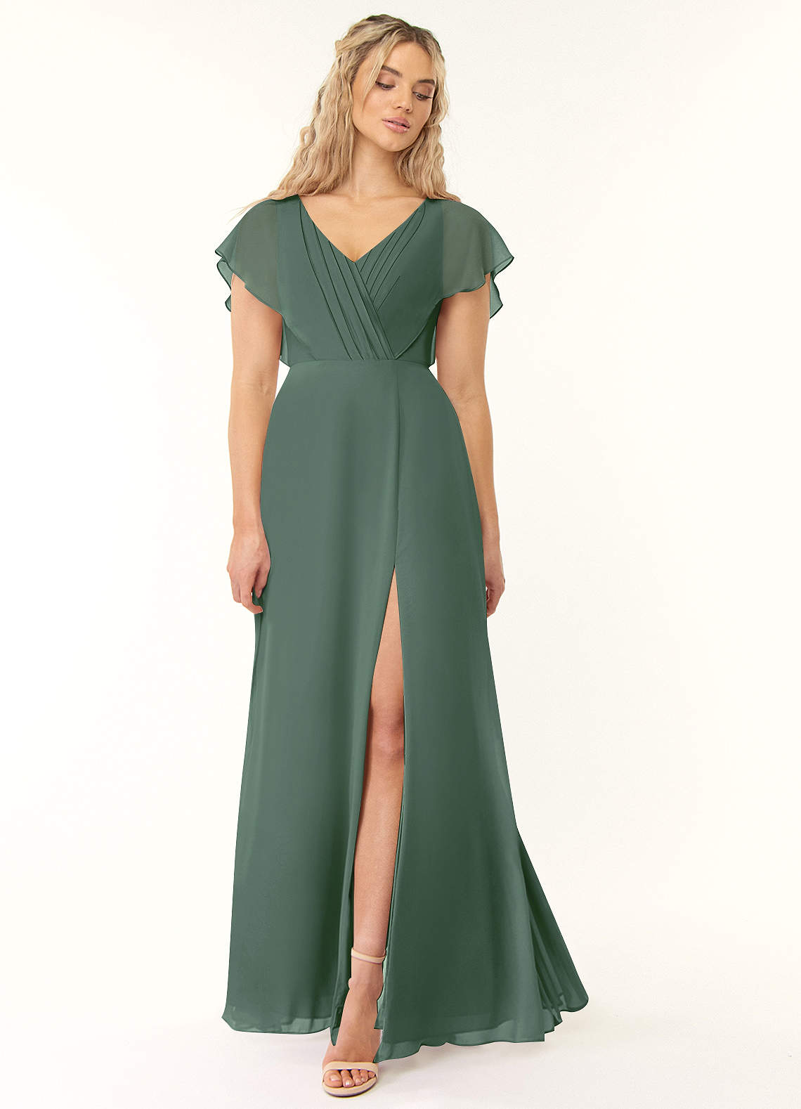 Azazie Rylee Brautjungfernkleider A-Linie Plissee Chiffon Kleid Eukalyptus image1