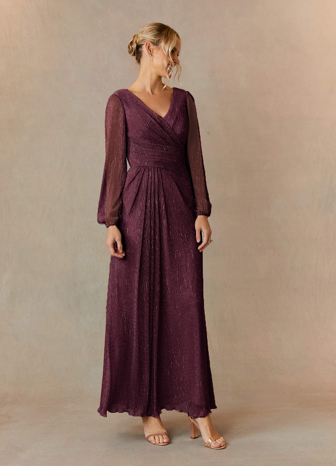 Upstudio Winslow Mother of the Bride Dresses Mulberry A-Line V-Neck Pleated Metallic Mesh Dress image1