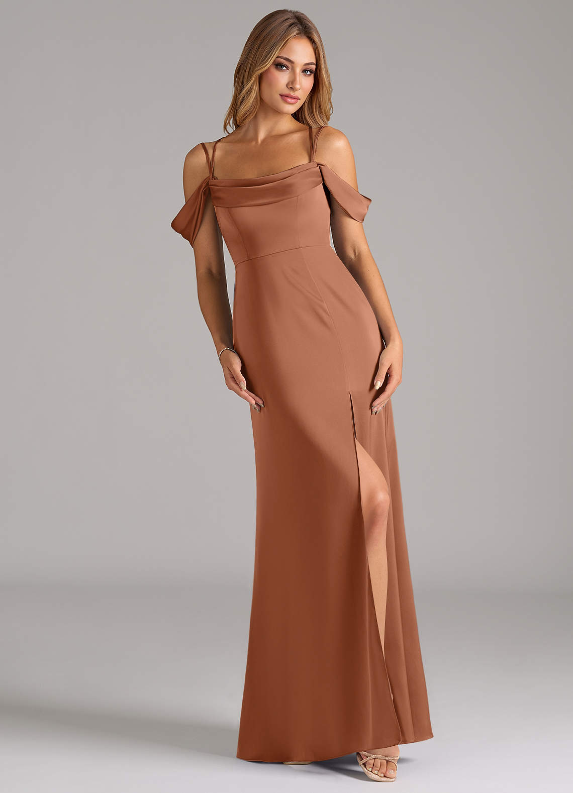 Azazie Callan Bridesmaid Dresses Bronzer A-Line Pleated Stretch Satin Convertible Dress image1