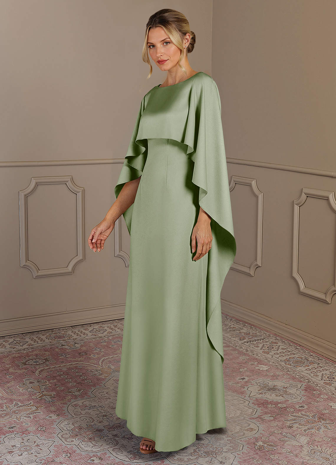Azazie Eli Mother of the Bride Dresses Dusty Sage Sheath Boatneck Stretch Satin Dress image2