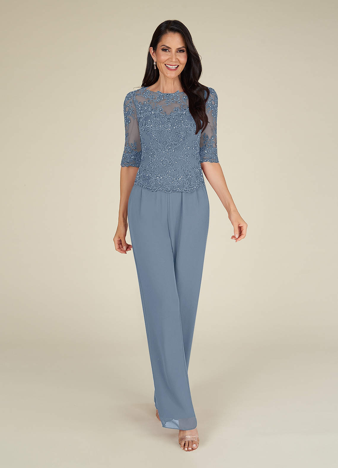 Azazie Florida Abiti per la Madre della Sposa Abito Tuta Pantaloni in Chiffon Lustrini Blu Polveroso image7