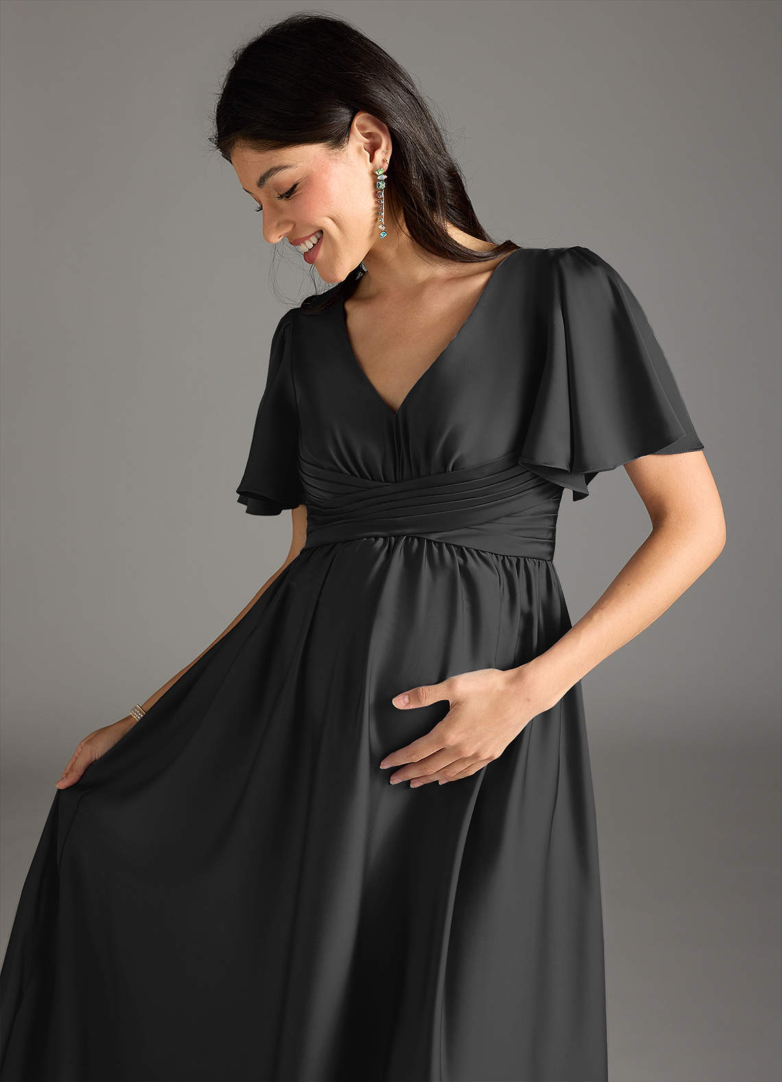 Azazie Verna At-home Try On Dresses A-Line Ruched Stretch Satin Floor-Length Dress image1
