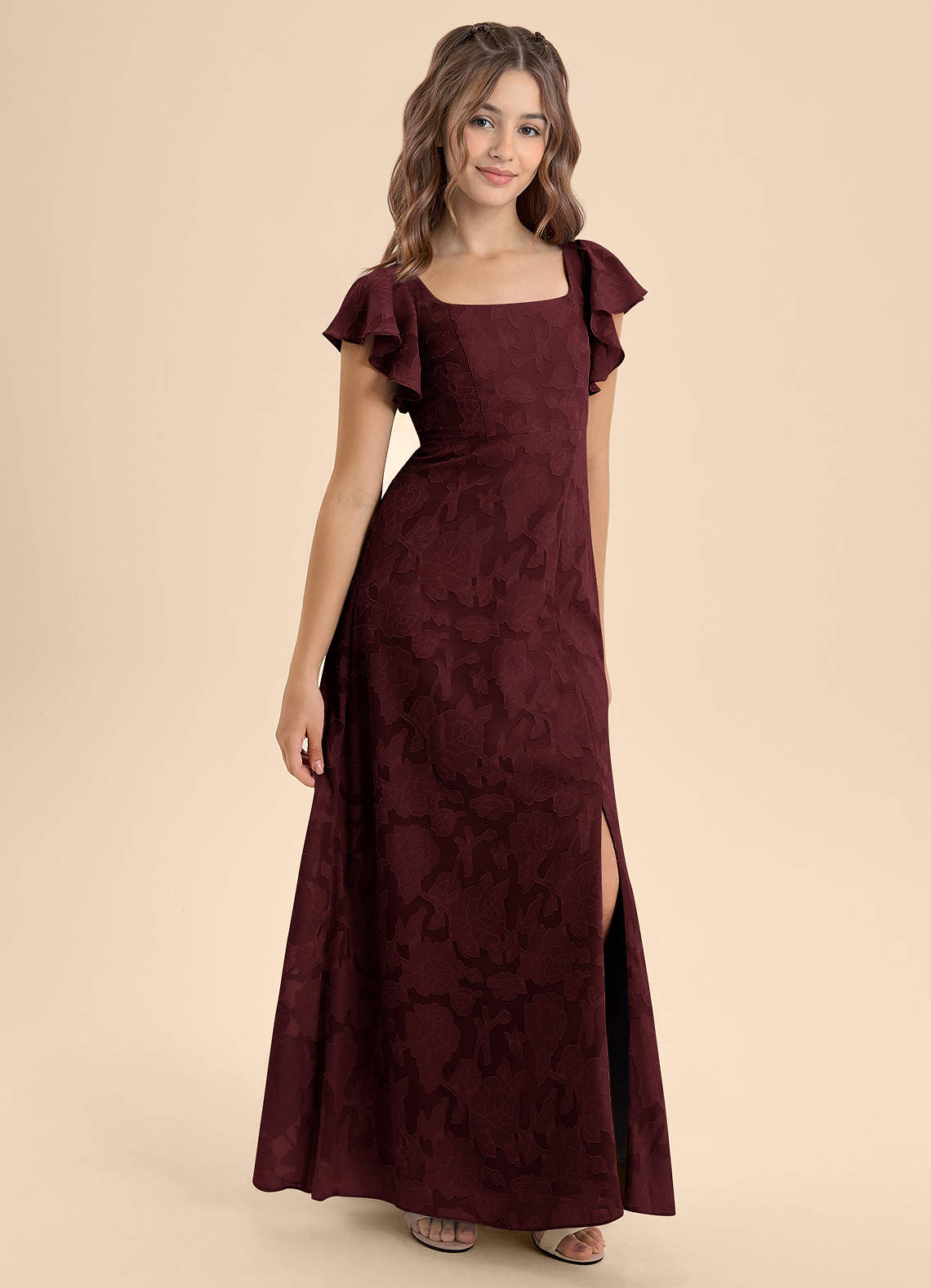 Azazie Bondi Junior Cabernet A-Line Bow Floral Burnout Dress image5