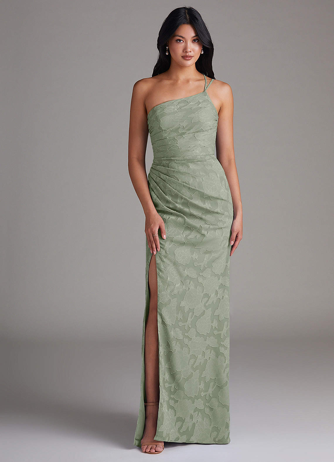 Azazie Eren Bridesmaid Dresses Agave Sheath One Shoulder Floral Burnout Dress image1